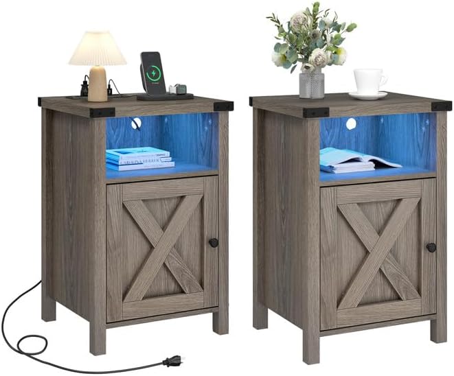 ChVans Farmhouse LED Nightstand Set of 2 with Charging Station, Rustic End Table with Barn Door & Storage Shelf, Bedside Table for Bedroom, Living Room, Grey
