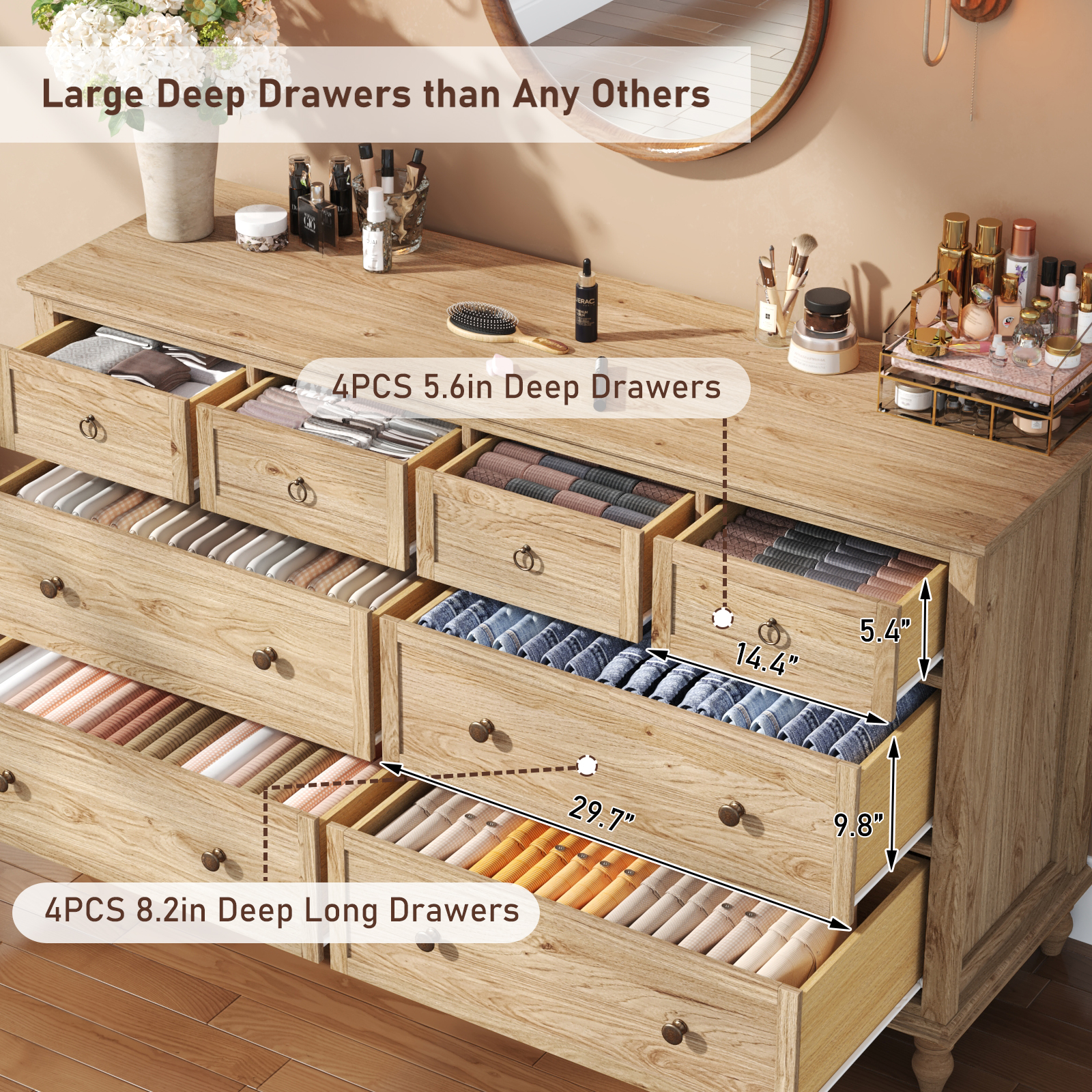 ChVans 8 Drawer Dresser for Bedroom, Modern Farmhouse Wood Wide Chest of Drawers, Storage Dressers for Bedroom, Living Room & Hallway