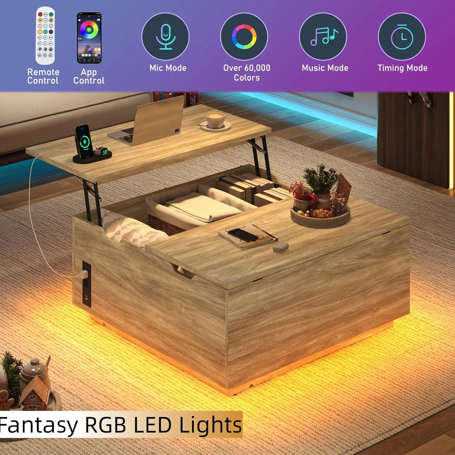 Lift Top Coffee Table with Led Light and Charging Station, 36" Modern Walnut finish Coffee Table with Large Hidden Space, Square Center Coffee Tables for Living Room, Office