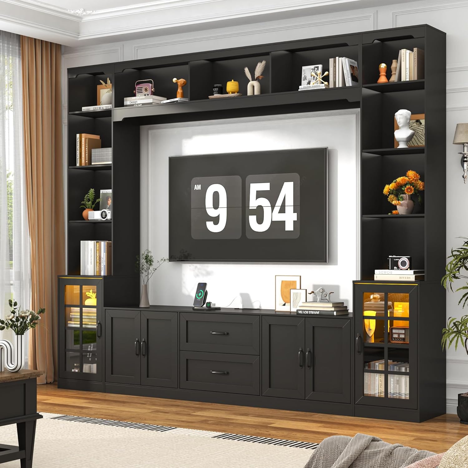 ChVans 103" W Wall Unit TV Stand with Storage for TVs up to 80", Modern TV Console with LED Lights, Entertainment Center with Bookshelves for Living Room