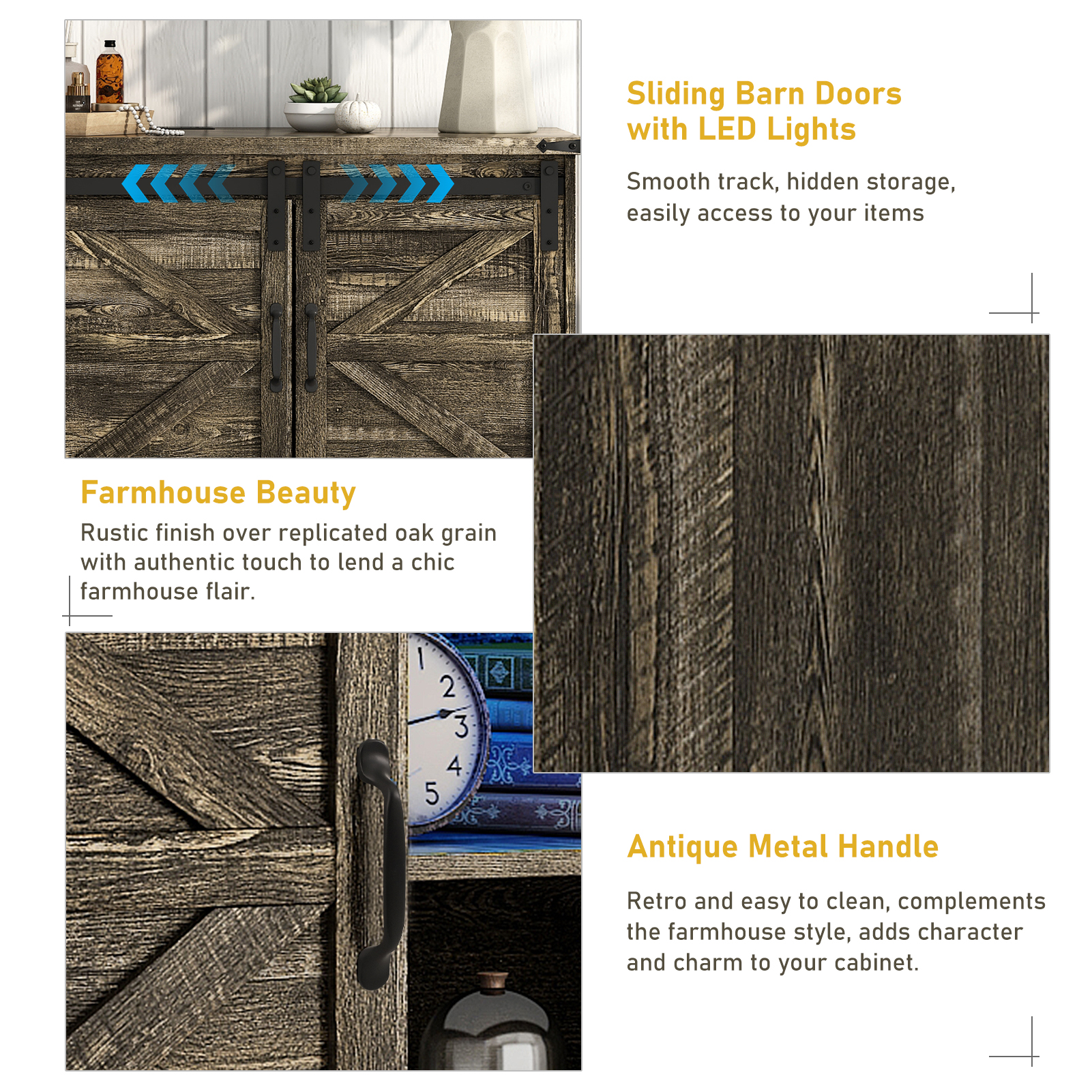 ChVans 47'' Farmhouse Dresser with LED Light & Power Outlet, 2 Drawers, 2 Sliding Doors, 2 Storage layers, Rustic Dresser TV Stand for 60in TV, Wood Storage Cabinet for Bedroom, Living Room, Hallway