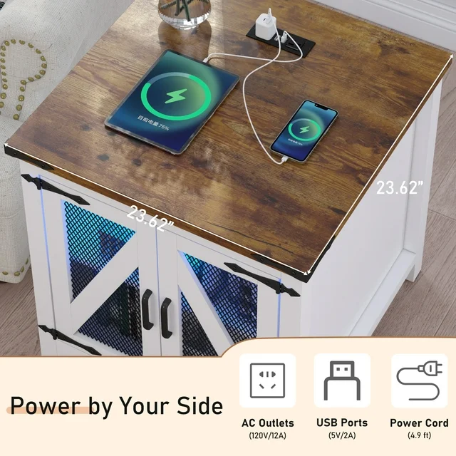 Farmhouse End Table, 24" Large Sofa Side Table with LED Lights & Charging Station, Mesh Barn Door, and Adjustable Storage Shelf, Rustic Wood Square Nightstand for Living Room, Bedroom, Office