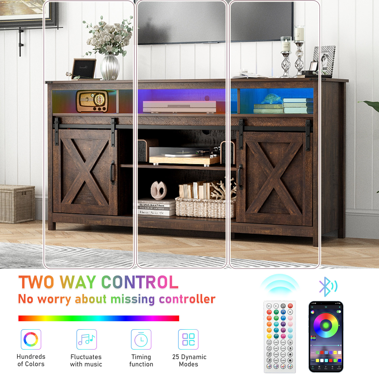 Farmhouse TV Stand for 65" 70" TVs with LED Light/Outlets USB Ports, 61" Large Entertainment Center with Sliding Barn Door & 4 Tier Storage