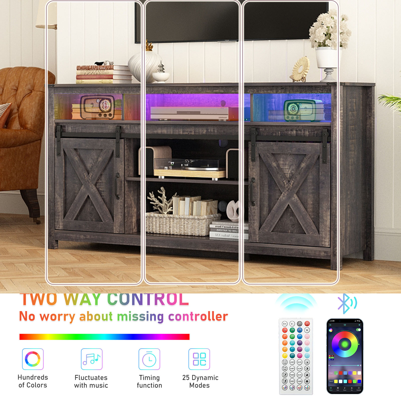 Farmhouse TV Stand for 65" 70" TVs with LED Light/Outlets USB Ports, 61" Large Entertainment Center with Sliding Barn Door & 4 Tier Storage