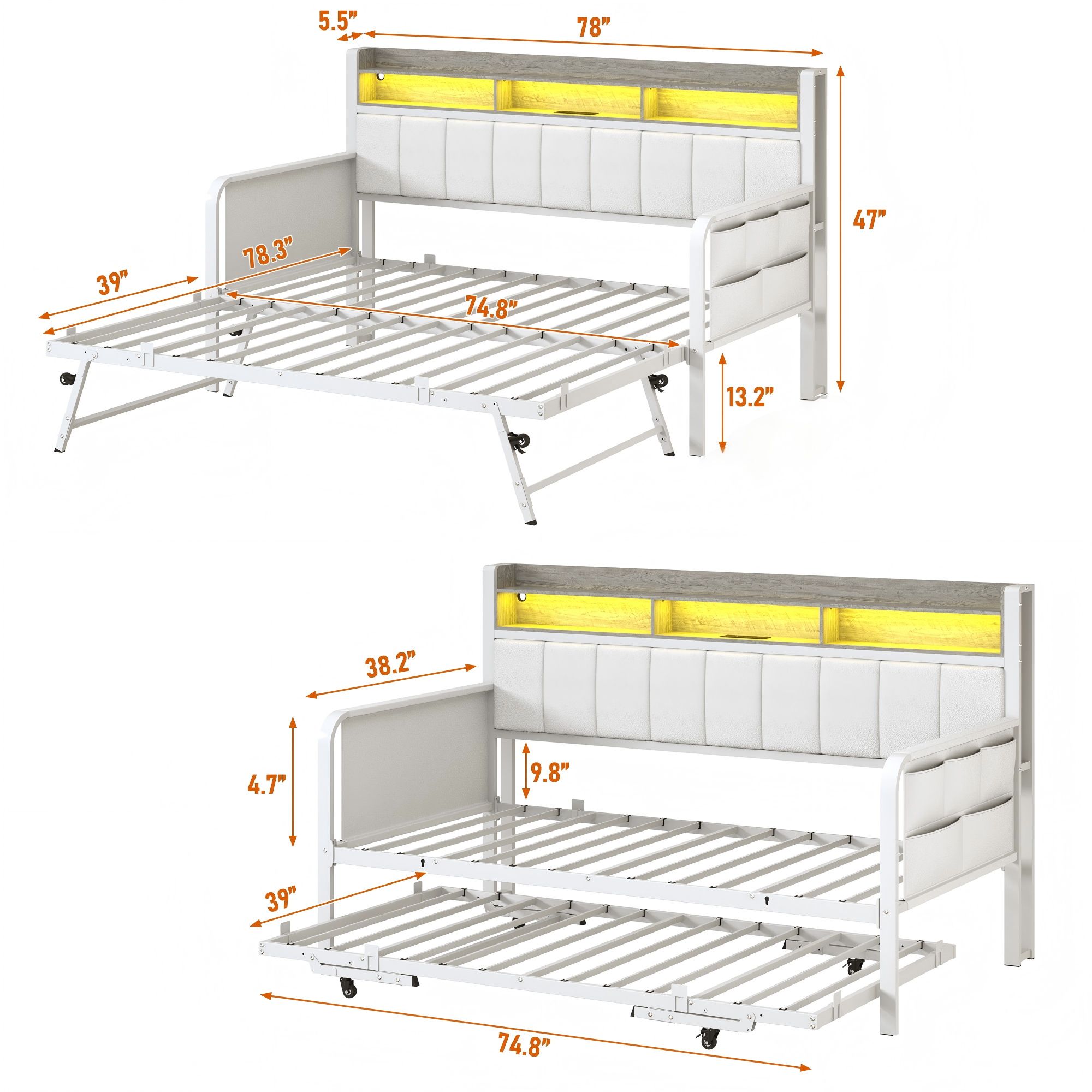 ANPOO Twin Daybed with Trundle, Upholstered Sofa Bed Frame with Charging Station & LED Lights, Heavy Duty Metal Day Bed with Storage Pockets, No Box Spring Needed, for Living Room Bedroom