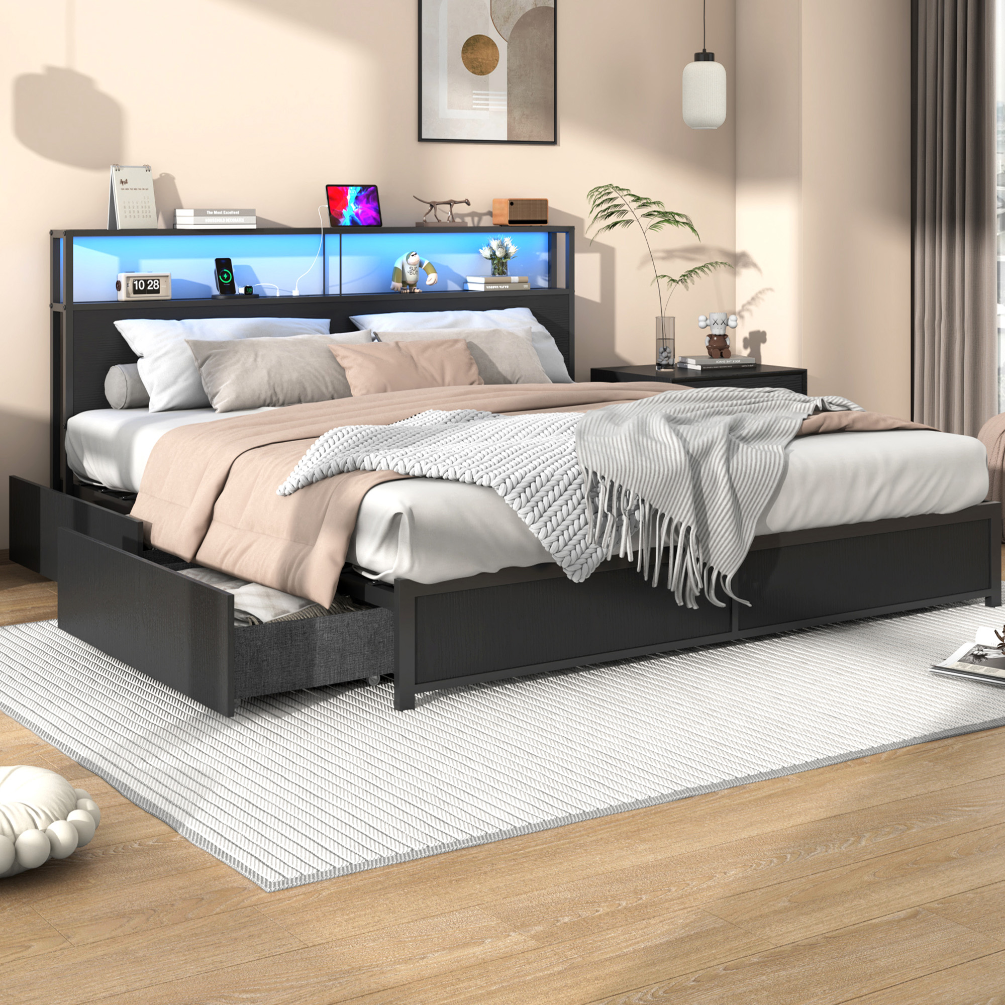 LED Bed Frame with Outlets USB Ports, Metal Platform Bed with Storage Headboard & 4 Large Drawers, No Box Spring Needed