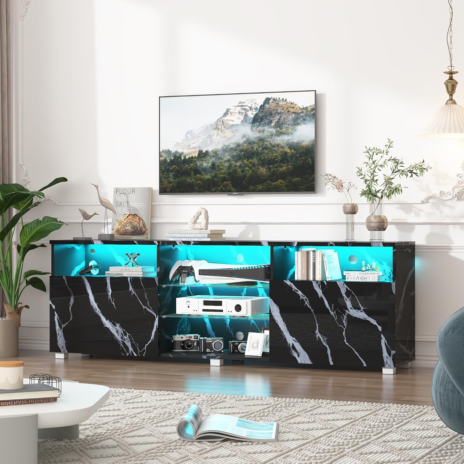 ANPOO LED TV Stand for 70/75/80 inch TV, High Glossy Entertainment Center with Drawer and Led Lights, Media Console for Living Game Room Bedroom