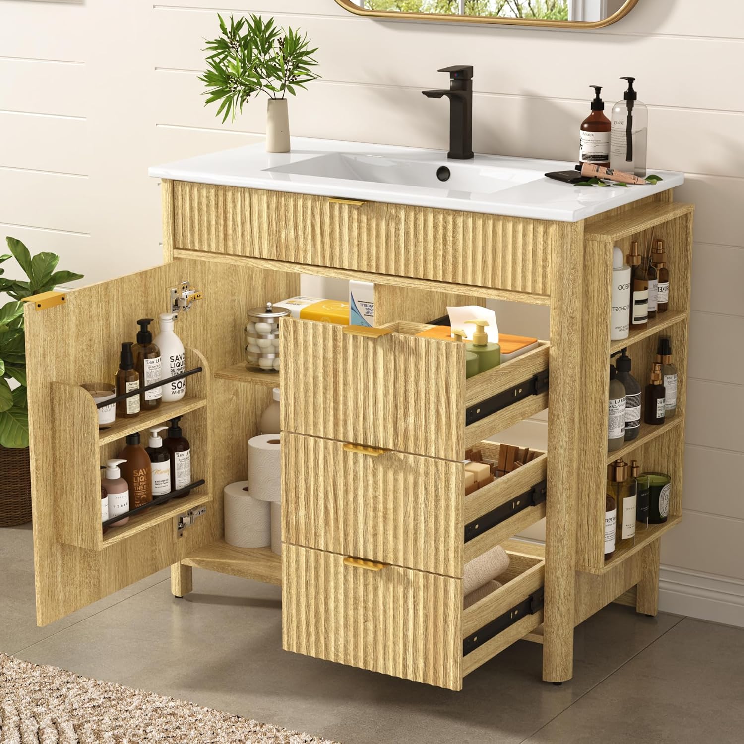 ANPOO 36" Bathroom Vanity with Sink & Faucet & Sewer Pipes, Mid-Century Modern Vanity with Ceramic Basin and Fluted Soft-Close Doors, Freestanding Bath Storage Vanity Sink Combo Set