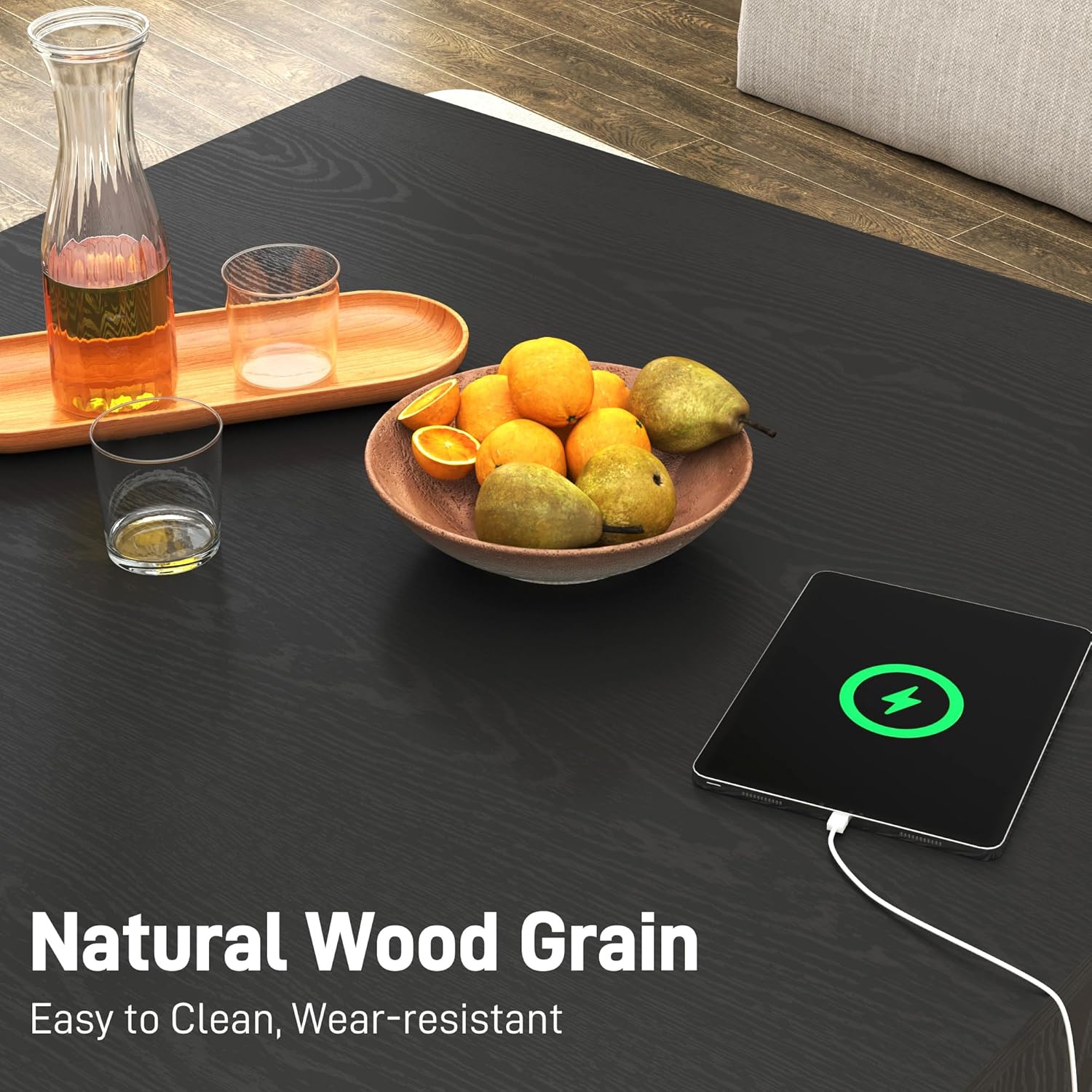 ANPOO 32" Mid Century Modern Square Coffee Table with LED Light & Power Outlet, 2-Tier Wood Cocktail Table with Storage for Living Room