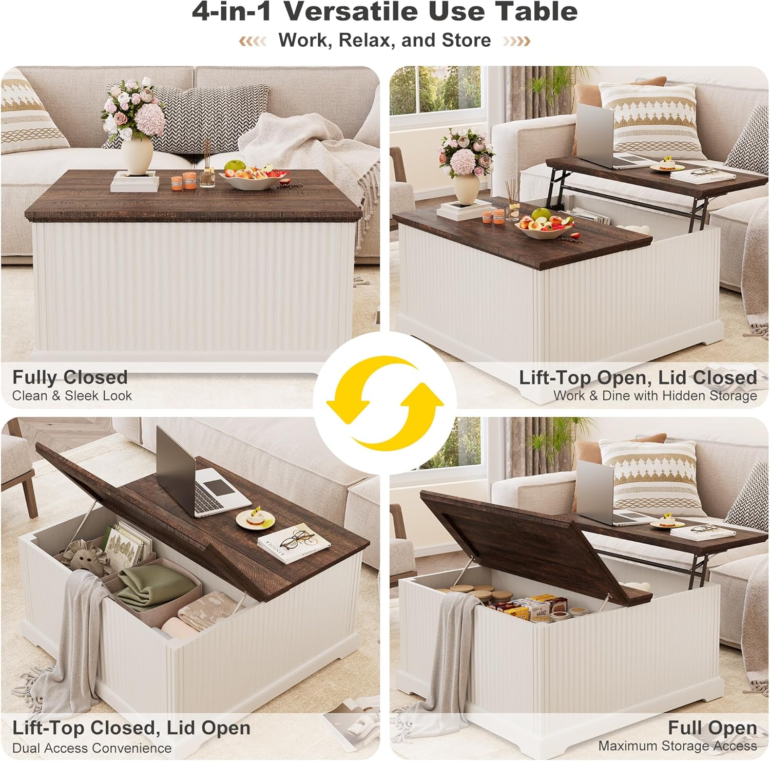 ANPOO Farmhouse Lift Top Coffee Table with Hidden Large Storage, 35.8 Inch Fluted Wood Square Center Table for Living Room, Bedroom, Home Office