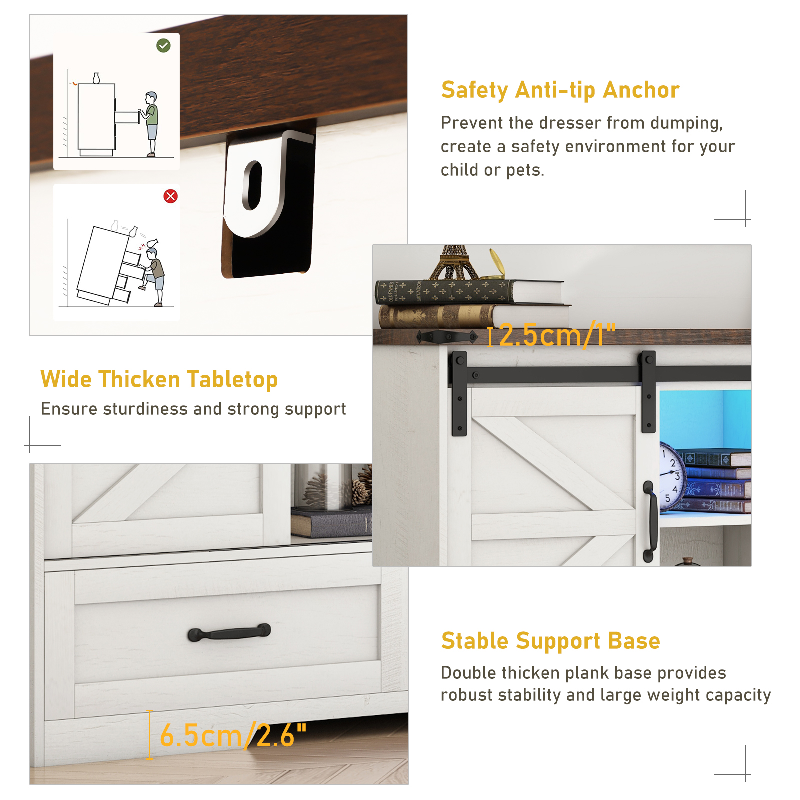 ChVans 47'' Farmhouse Dresser with LED Light & Power Outlet, 2 Drawers, 2 Sliding Doors, 2 Storage layers, Rustic Dresser TV Stand for 60in TV, Wood Storage Cabinet for Bedroom, Living Room, Hallway