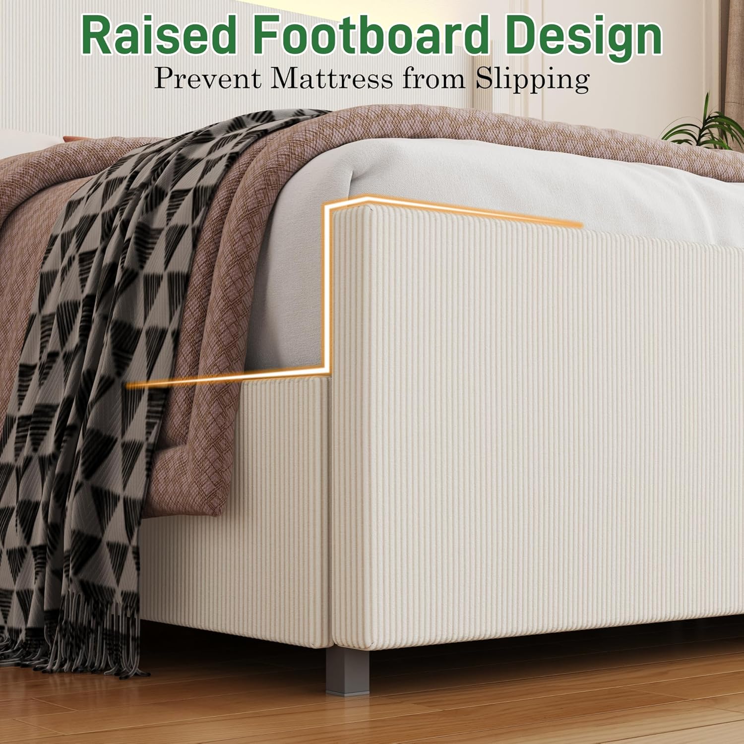 ANPOO Queen Size LED Upholstered Bed Frame with Drawer, Wingback Platform Bed Frame with 52" Headboard & Footboard, Corduroy Bed Frame No Box Spring Needed/Noise Free