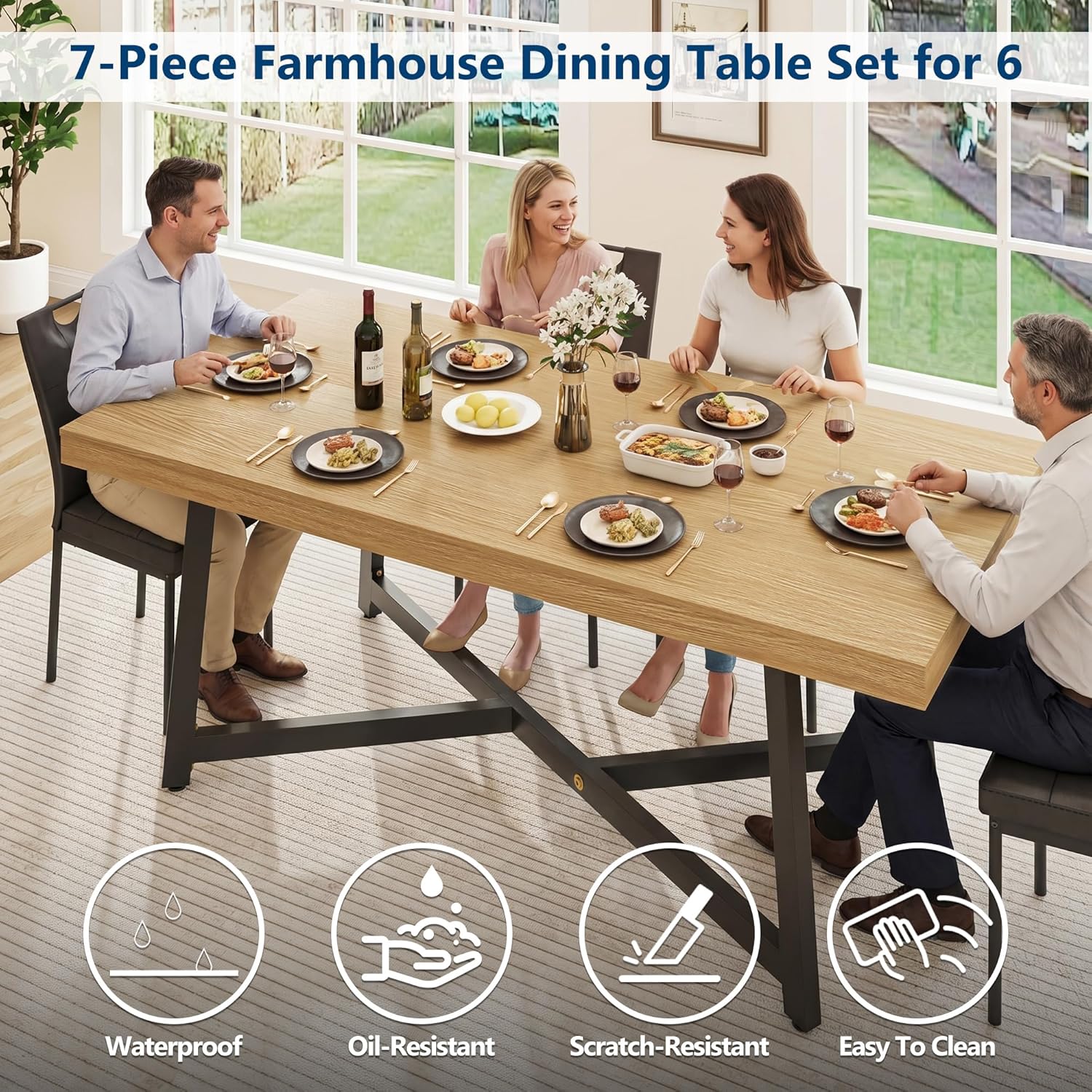 ANPOO 7 Pieces Dining Table & Chairs Set for 4-8 People, 71 Inch Kitchen Table with 6 Chairs, Rectangle Dining Table with Metal Legs for Dining Room, Living Room