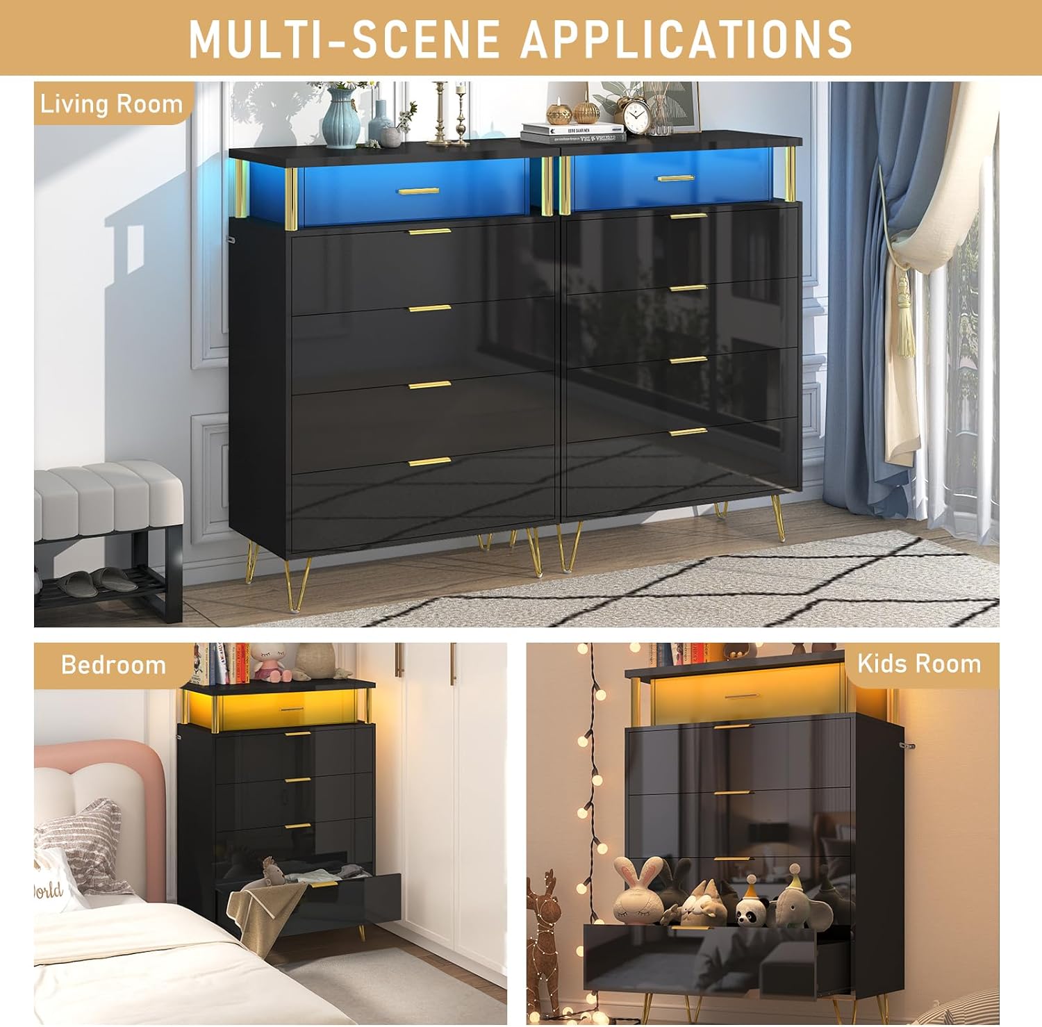 ChVans Black Dresser with LED Lights for Bedroom, Black Tall Closet Storage 5 Drawer Dresser, Chest of Drawers for Bedroom, Living Room, Hallway