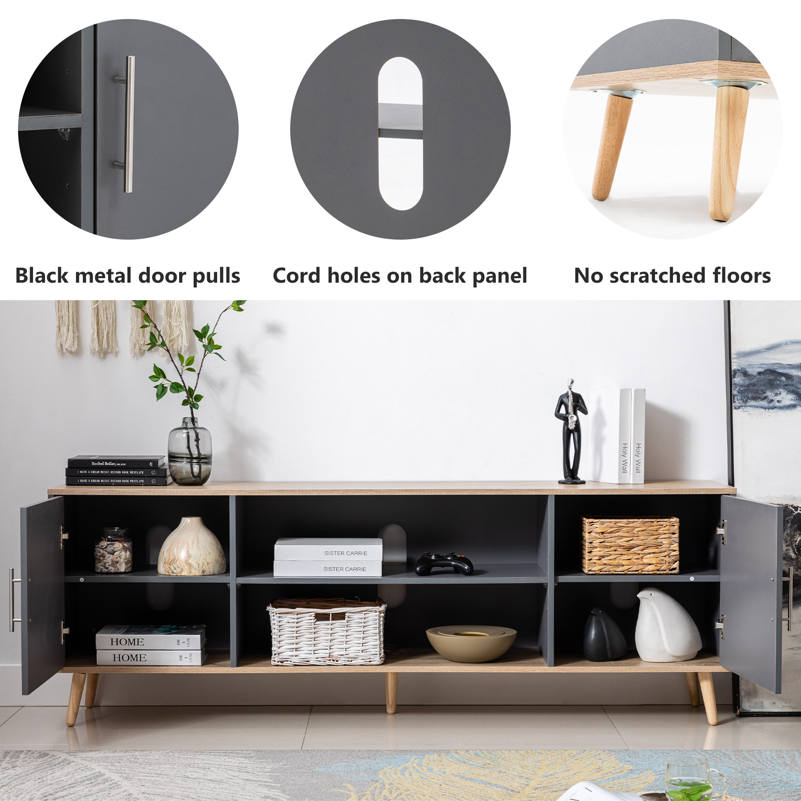 ChVans 70 Inch Mid Century Modern TV Stand for TVs up to 75 inches, Wood TV Stand with Storage, Entertainment Center for Living Room Bedroom, TV Media Console