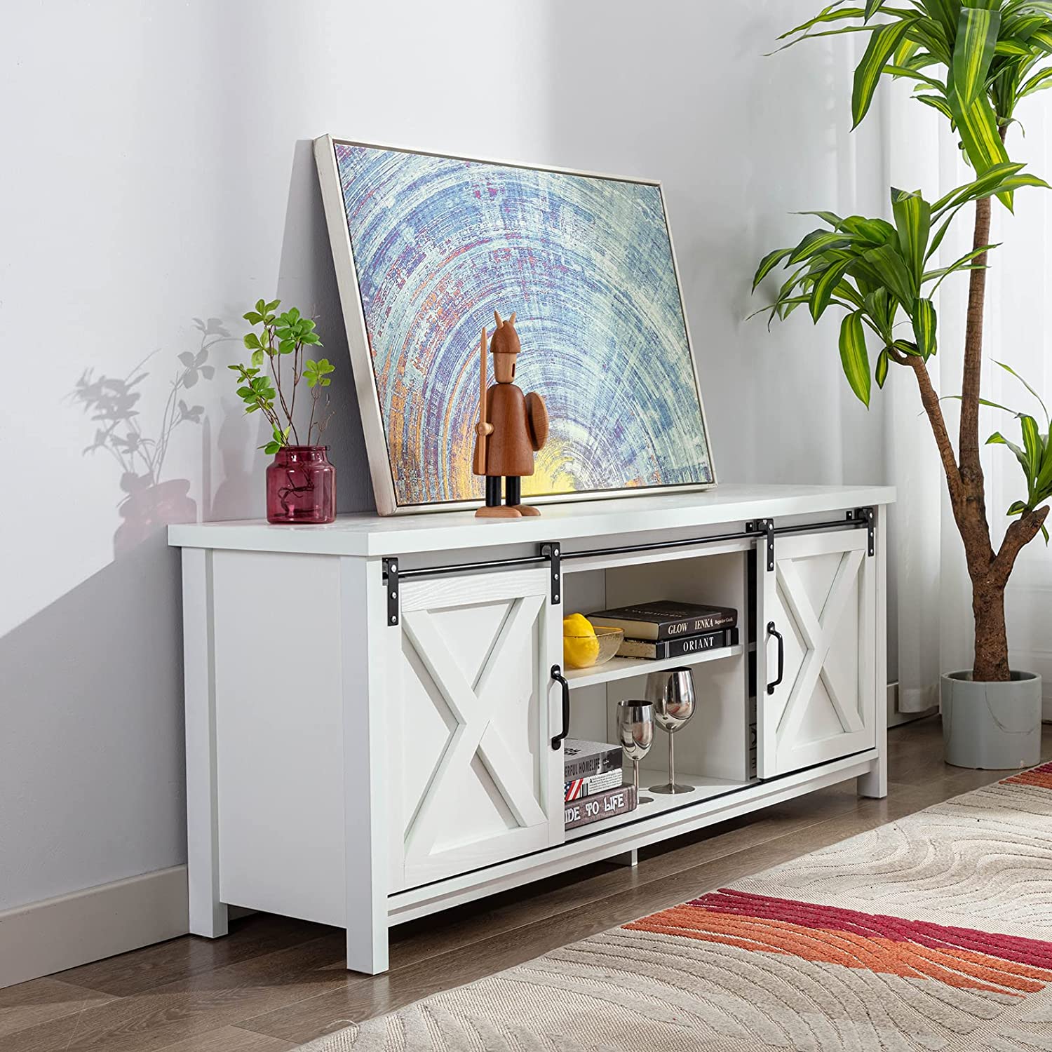 58" Farmhouse Sliding Barn Door TV Stand for TVs up to 65" Television Cabinet(Dark gray), Wood, Metal