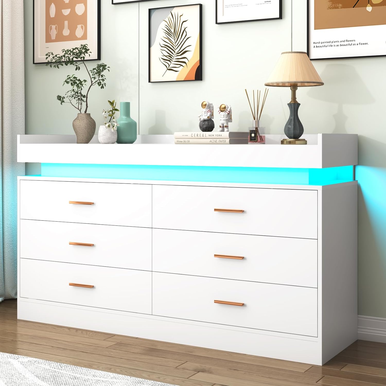 White Dresser with LED Light, Modern Wood Dresser with Wide Drawers and Metal Handles, 6 drawer dresser for Bedroom, Living Room, Entryway, Hallway
