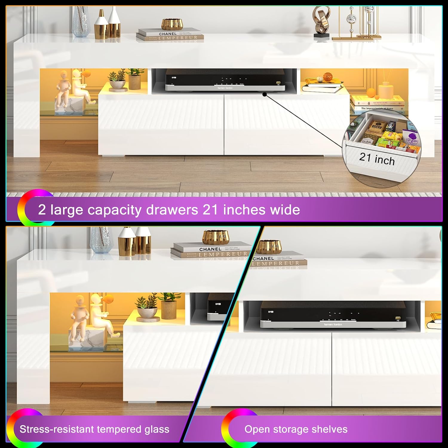 ChVans LED TV Stand for 65/75/85 inch TV, High Glossy Modern Entertainment Center with Drawer and LED Lights