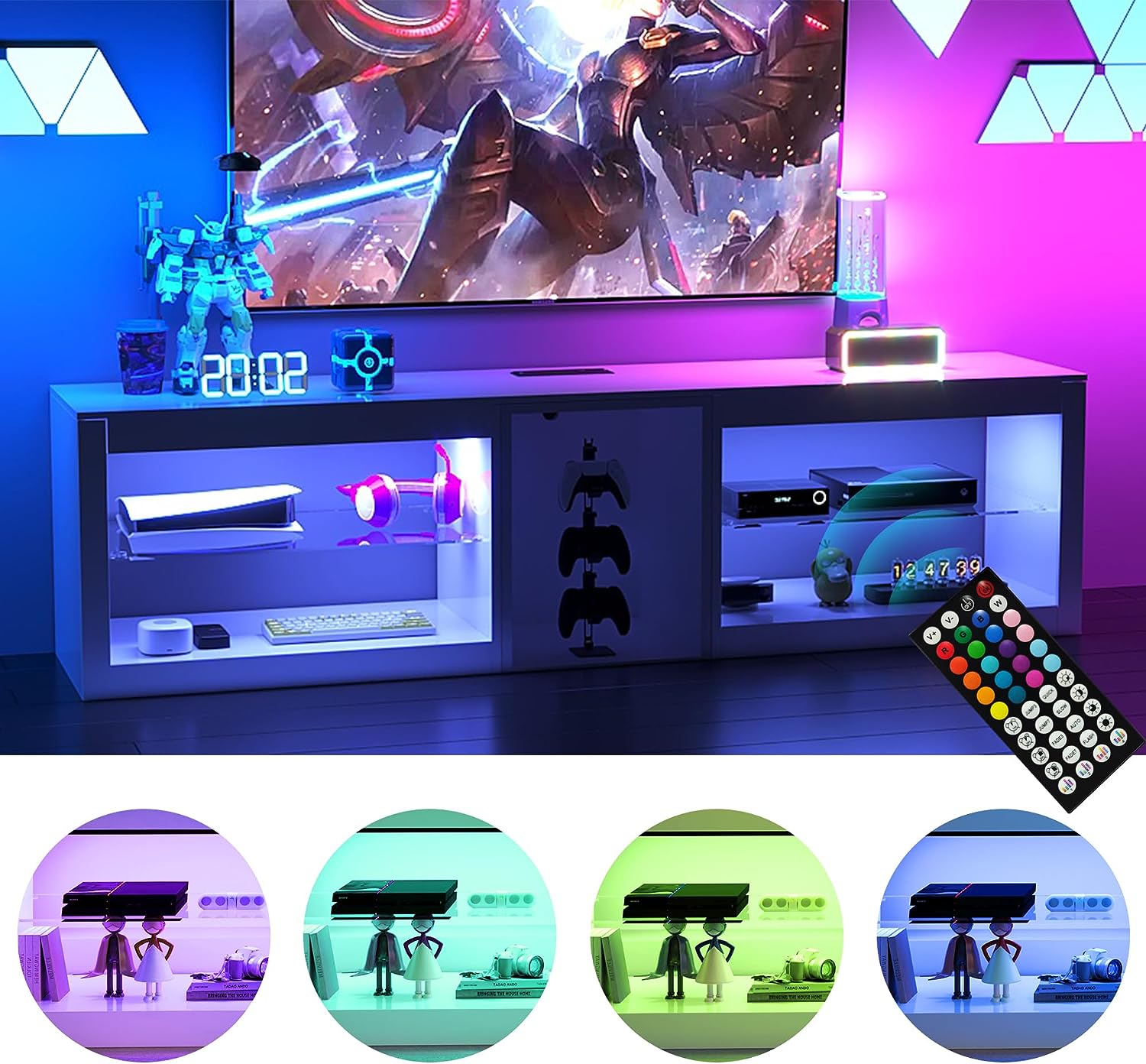 ChVans Modern LED TV Stand for TVs up to 70" with Adjustable LED Lights/Outlet, High Gloss Entertainment Center with Open Shelves Storage, Media Console TV Stands for Living Room, Game room, Bedroom