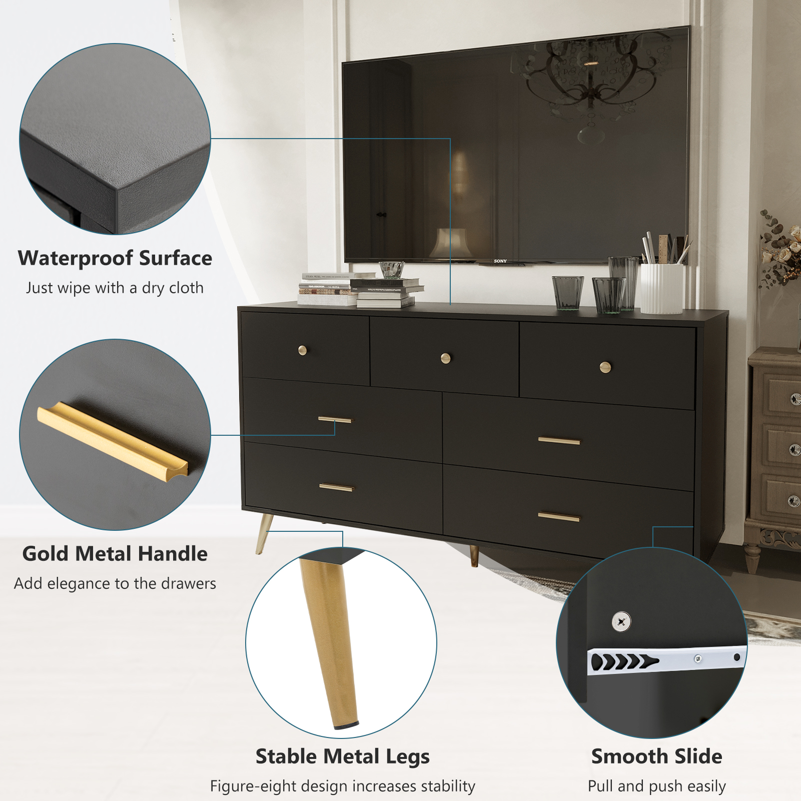 6 Drawer Dresser for Bedroom, Modern Wood Dresser with Wide Drawers and Metal Handles, Storage Chest of Drawers for Living Room Hallway Entryway