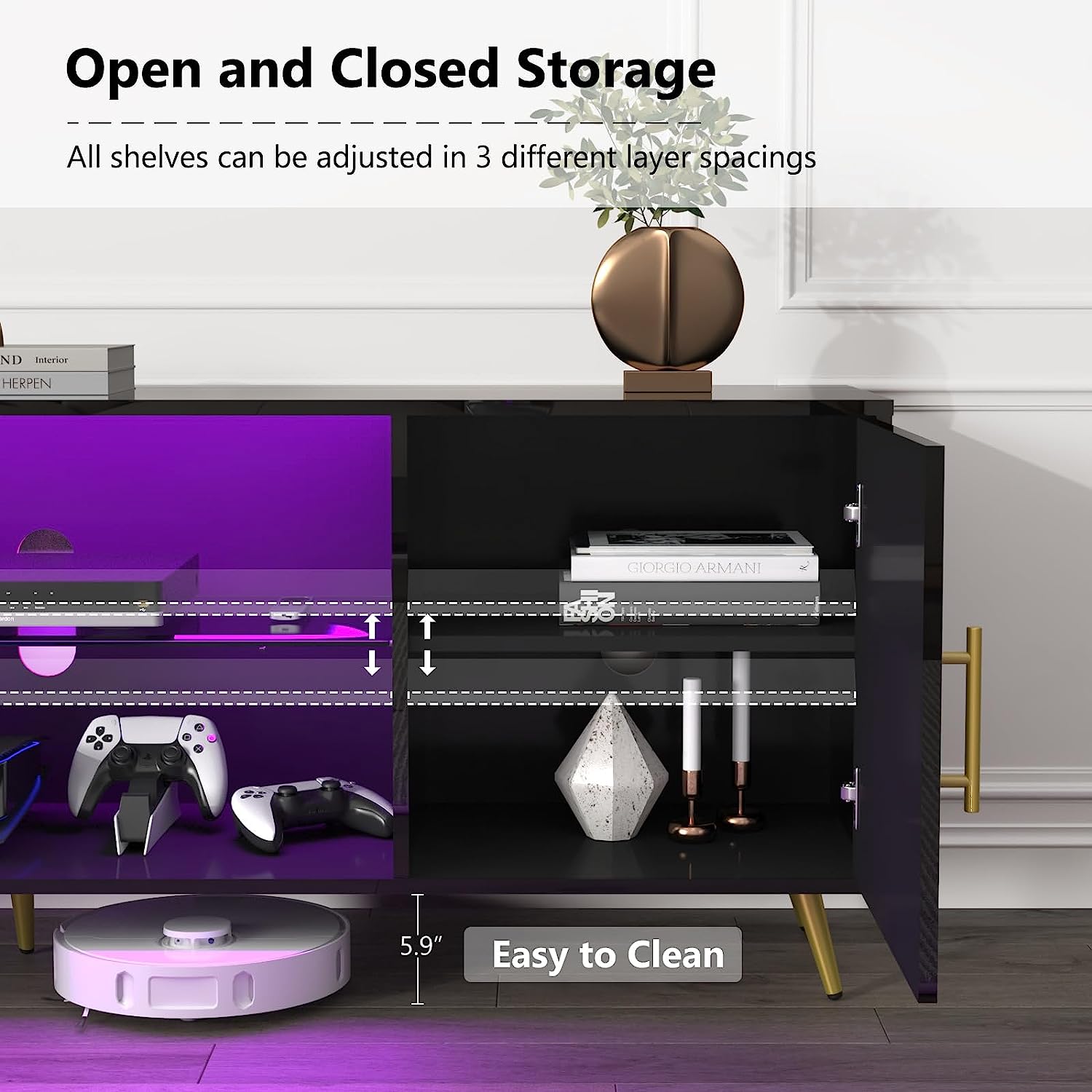 ChVans TV Stand for 80 inch TV with LED Lights, High Gloss Entertainment Center Media Console with Large Storage, LED TV Stand for Living Room, Bedroom(Marble Black)