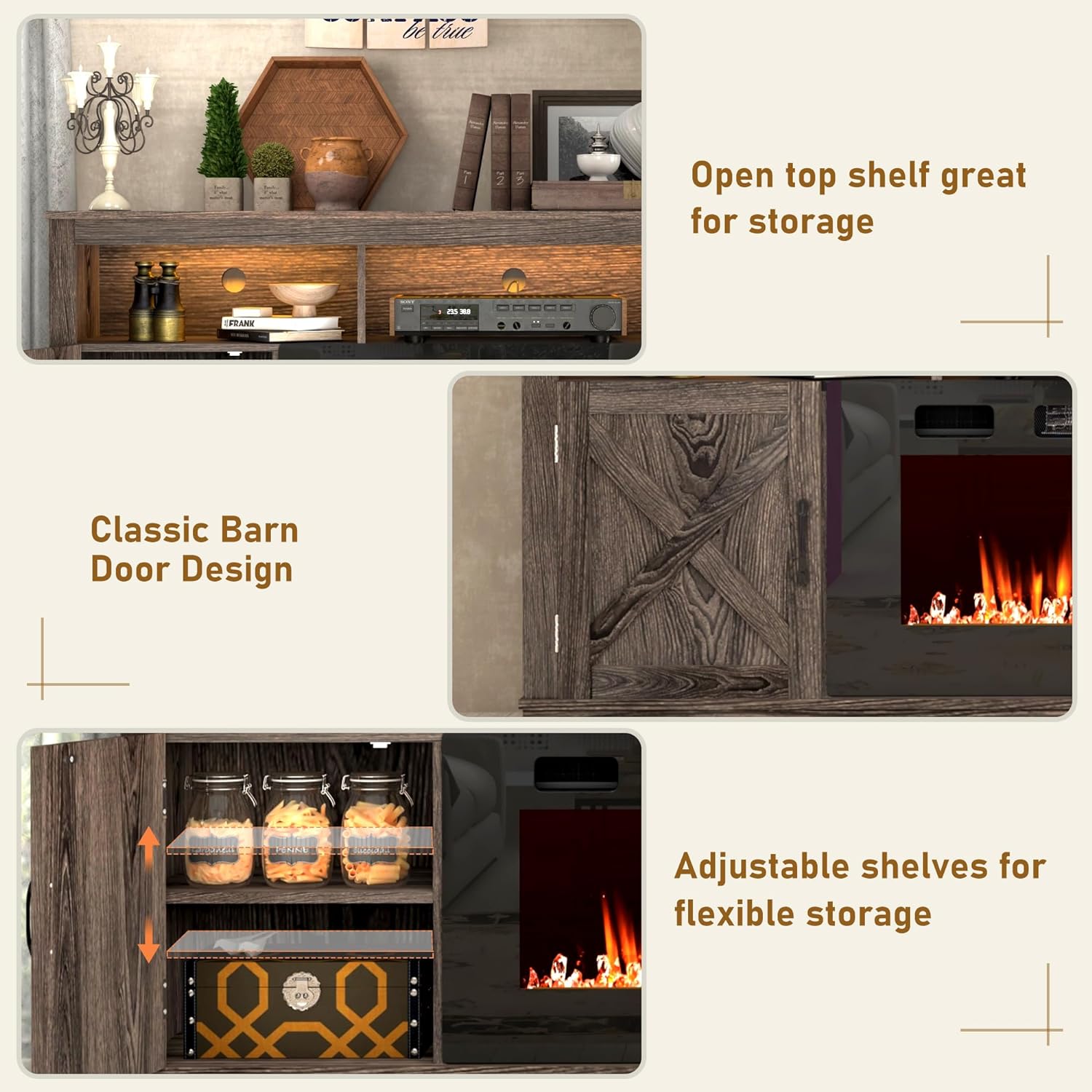 Fireplace TV Stand for 70/75/80 Inch TV with 36" Electric Fireplace, 70" Farmhouse Entertainment Center with LED Lights, Tall Media Console with Barn Door for Living Room, Bedroom