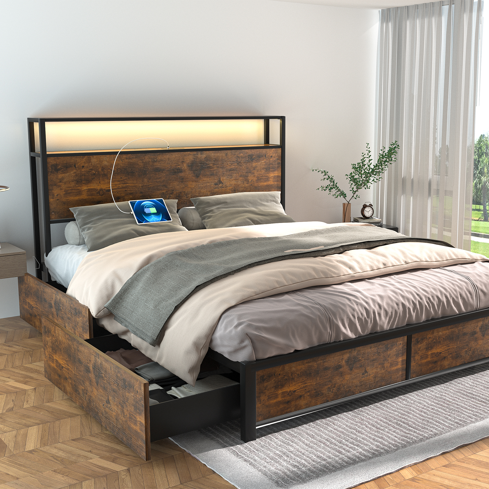 LED Bed Frame Full Size with 2 USB Ports and Outlets, Platform Metal Bed Frame with 4 Storage Drawers and Headboard, No Box Spring Needed, Noise-Free(Vintage Brown-FULL)