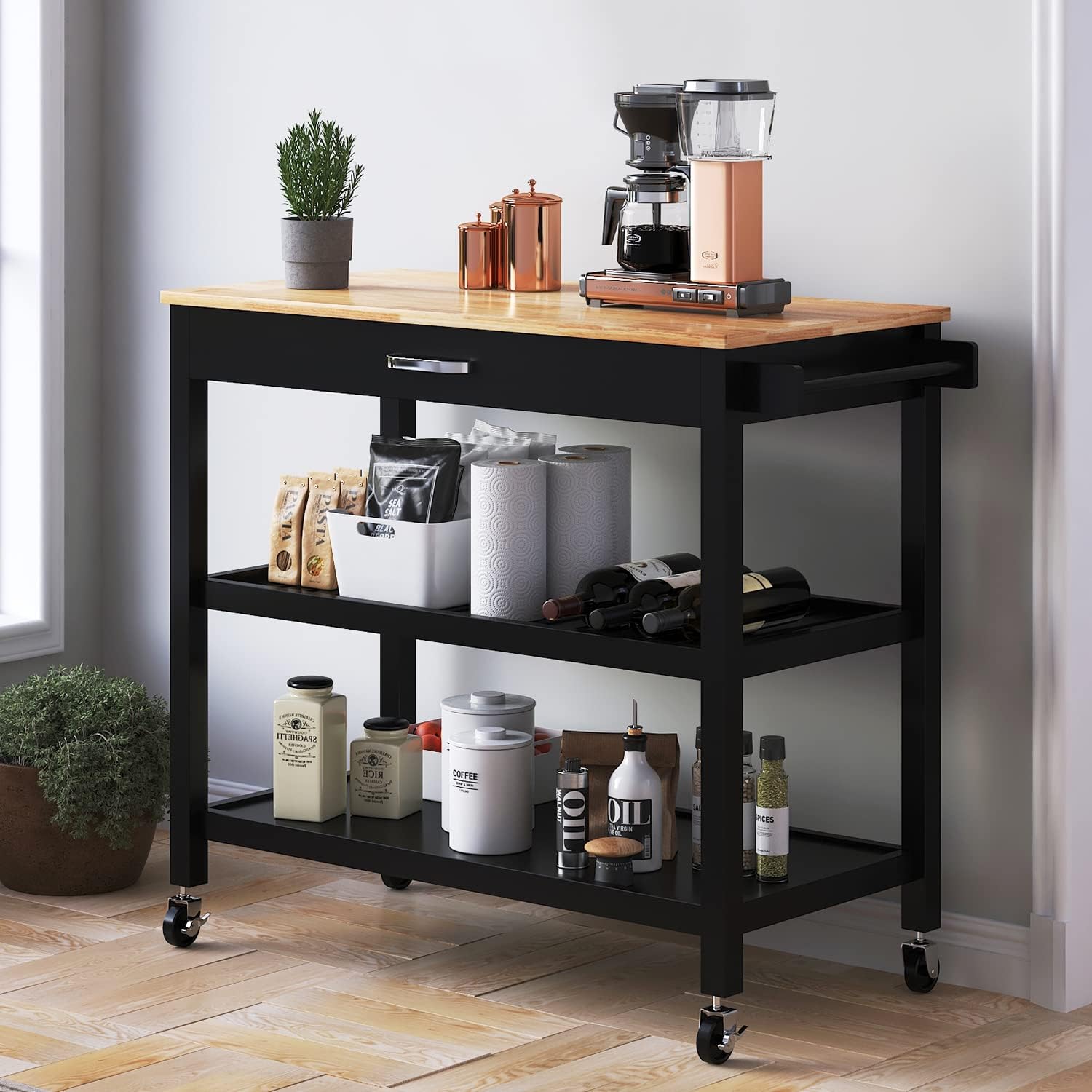 ANPOO 3 Tier Kitchen Island Carts on Wheels with Storage, Mobile Rolling Cart with Large Capacity Storage Drawers, Towel Rack, Rubber wood Top, for Kitchen and Dining Room(Black)