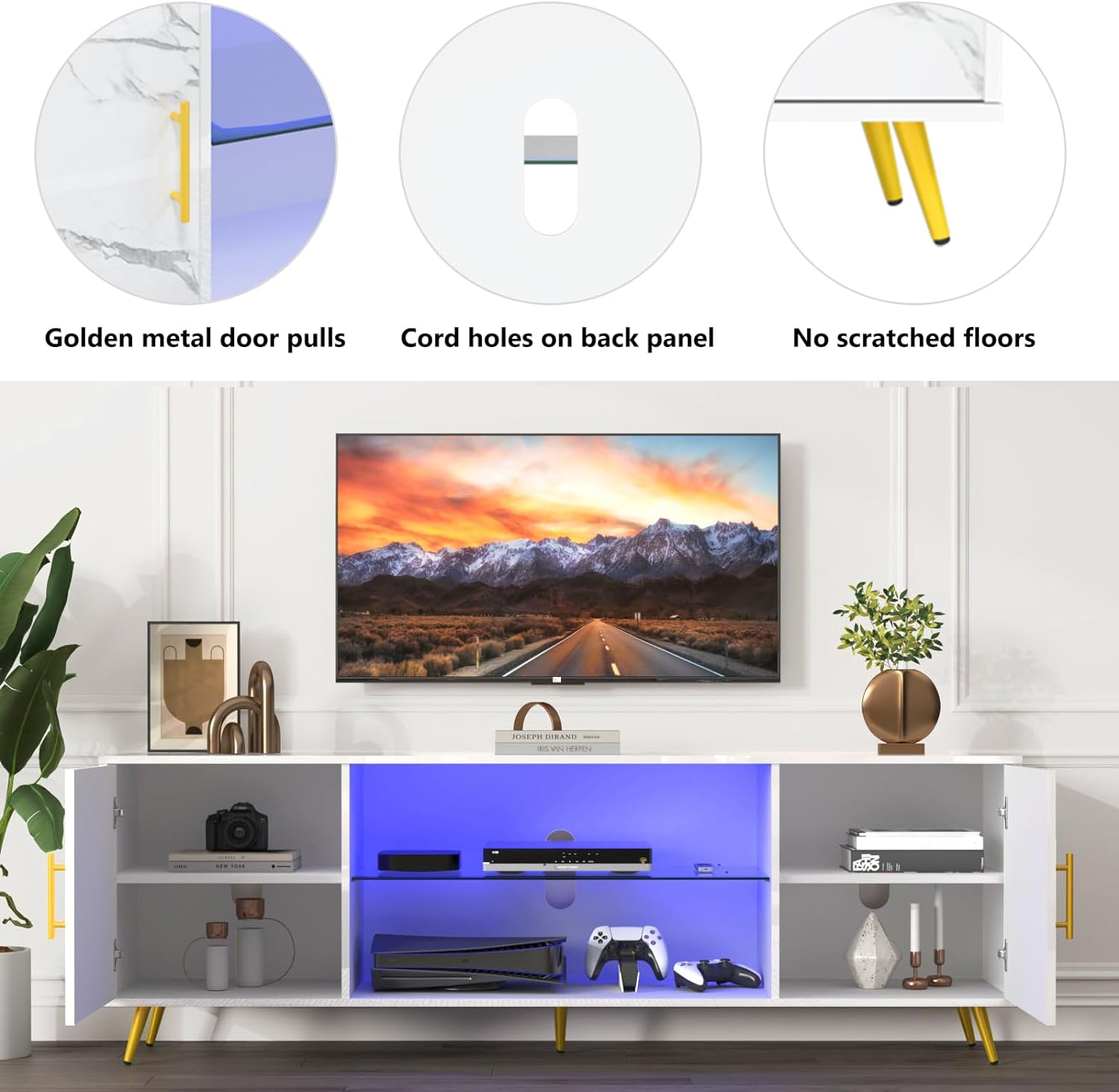 ChVans TV Stand for 80 inch TV with LED Lights, High Gloss Entertainment Center Media Console with Large Storage, LED TV Stand for Living Room, Bedroom(Marble Black)