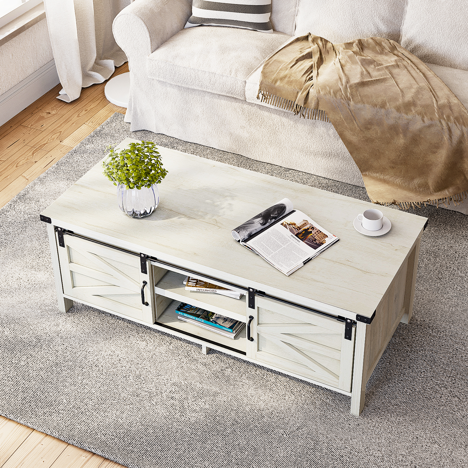 48" Modern Farmhouse Coffee Table with Adjustable Storage Cabinets Shelves, Modern Coffee Table for Living Room with Sliding Barn Door