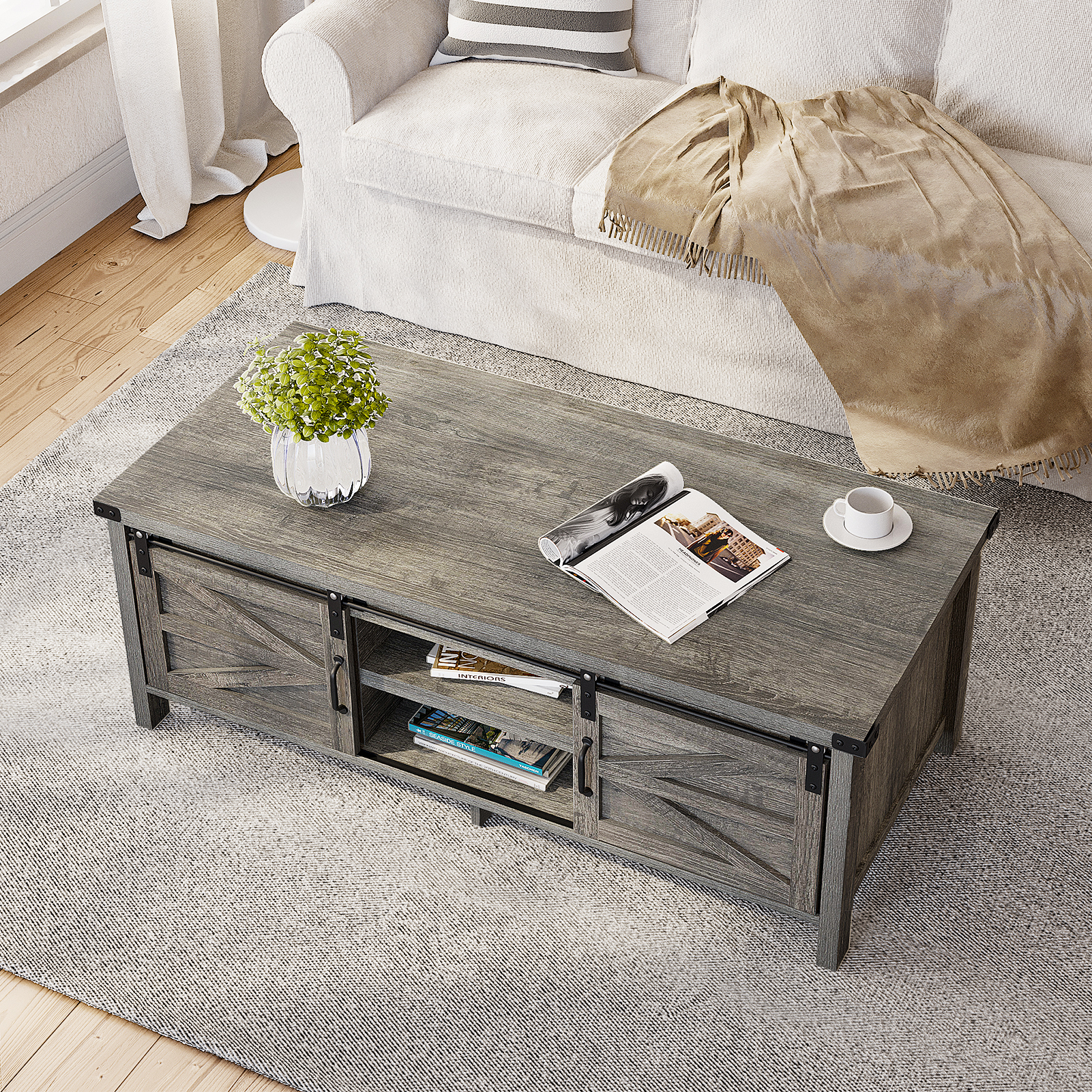 48" Modern Farmhouse Coffee Table with Adjustable Storage Cabinets Shelves, Modern Coffee Table for Living Room with Sliding Barn Door
