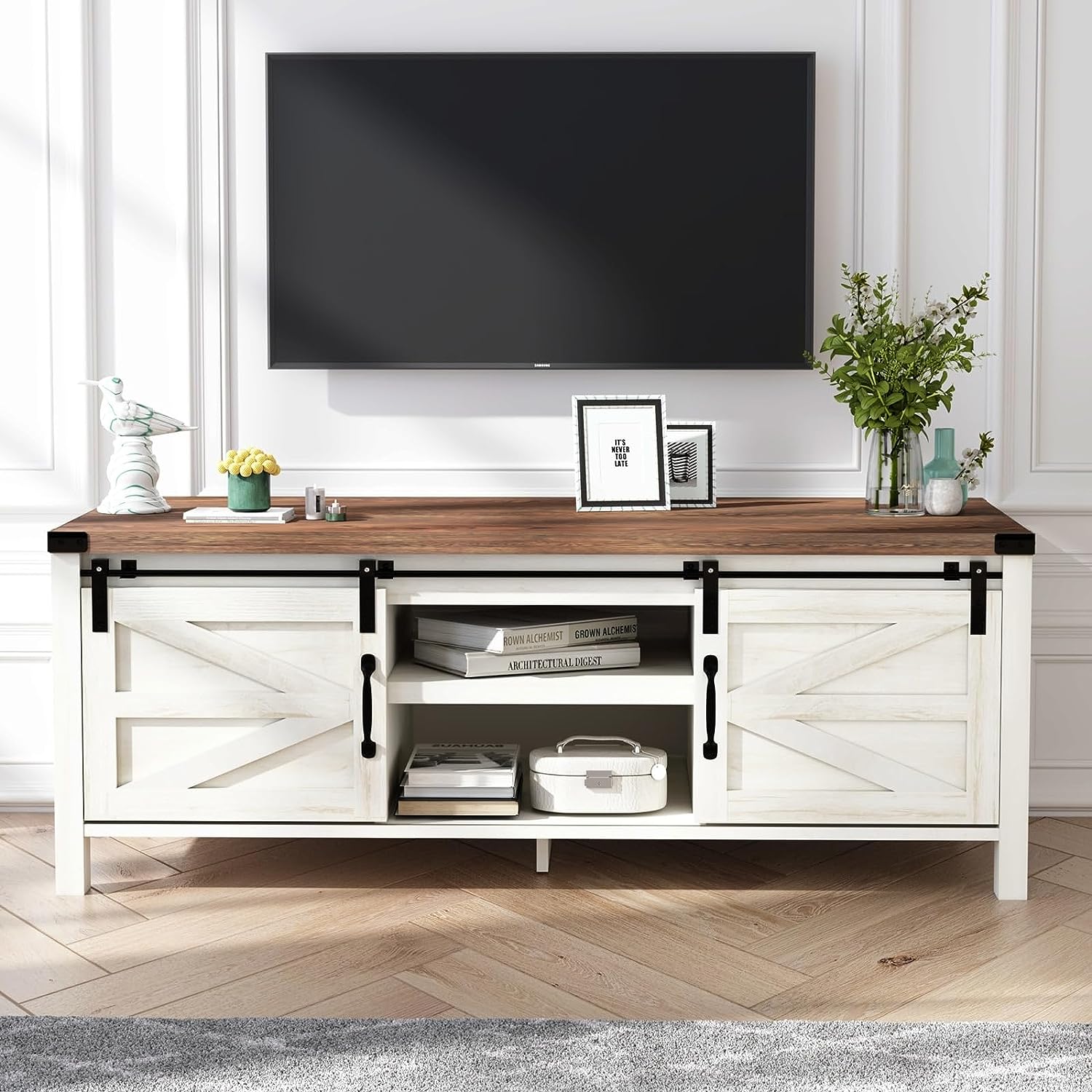 48" Modern Farmhouse Coffee Table with Adjustable Storage Cabinets Shelves, Modern Coffee Table for Living Room with Sliding Barn Door