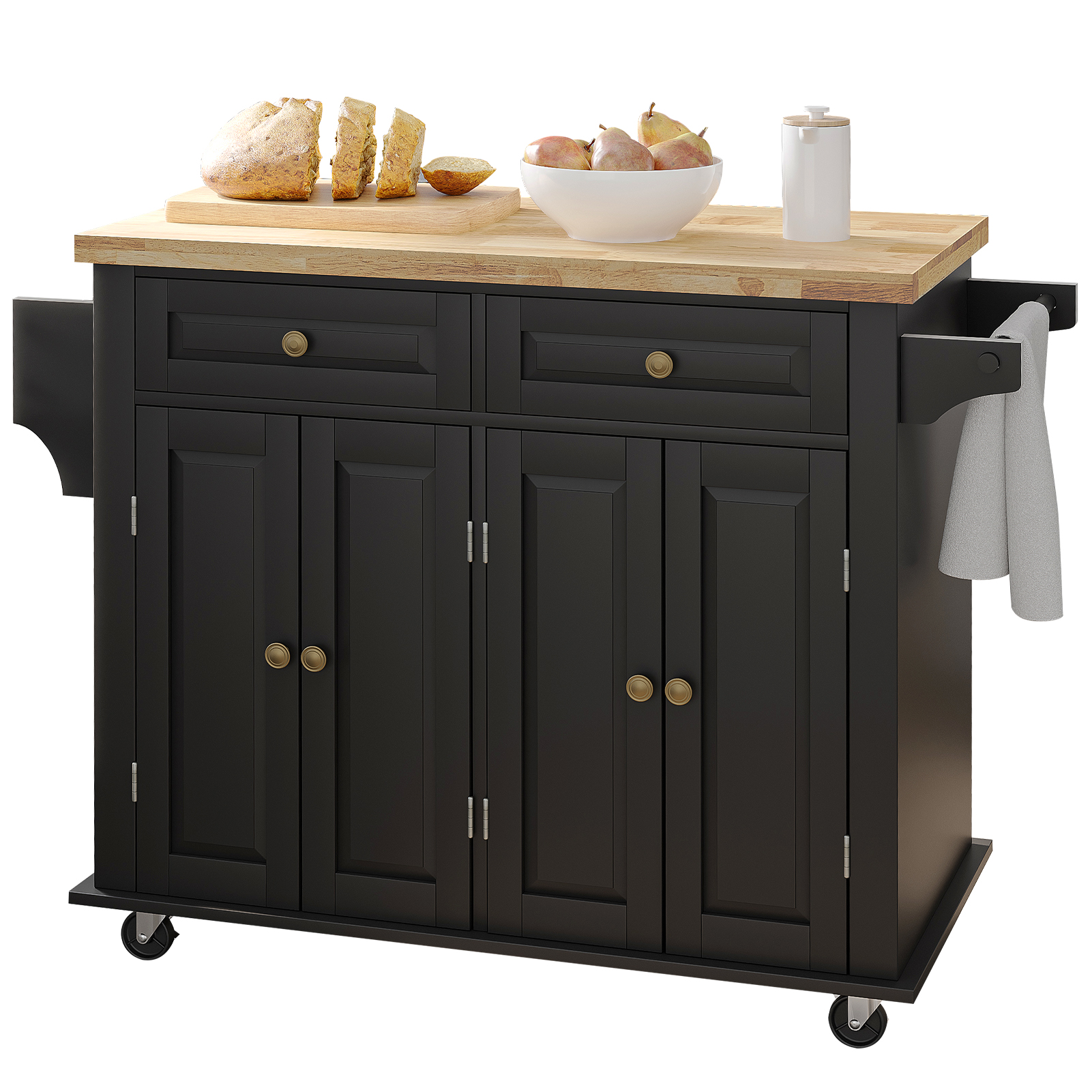 CAIDI Rolling Kitchen Island, Kitchen Cart with Rubber wood Countertop, Lockable Casters, Adjustable Shelves, Matte