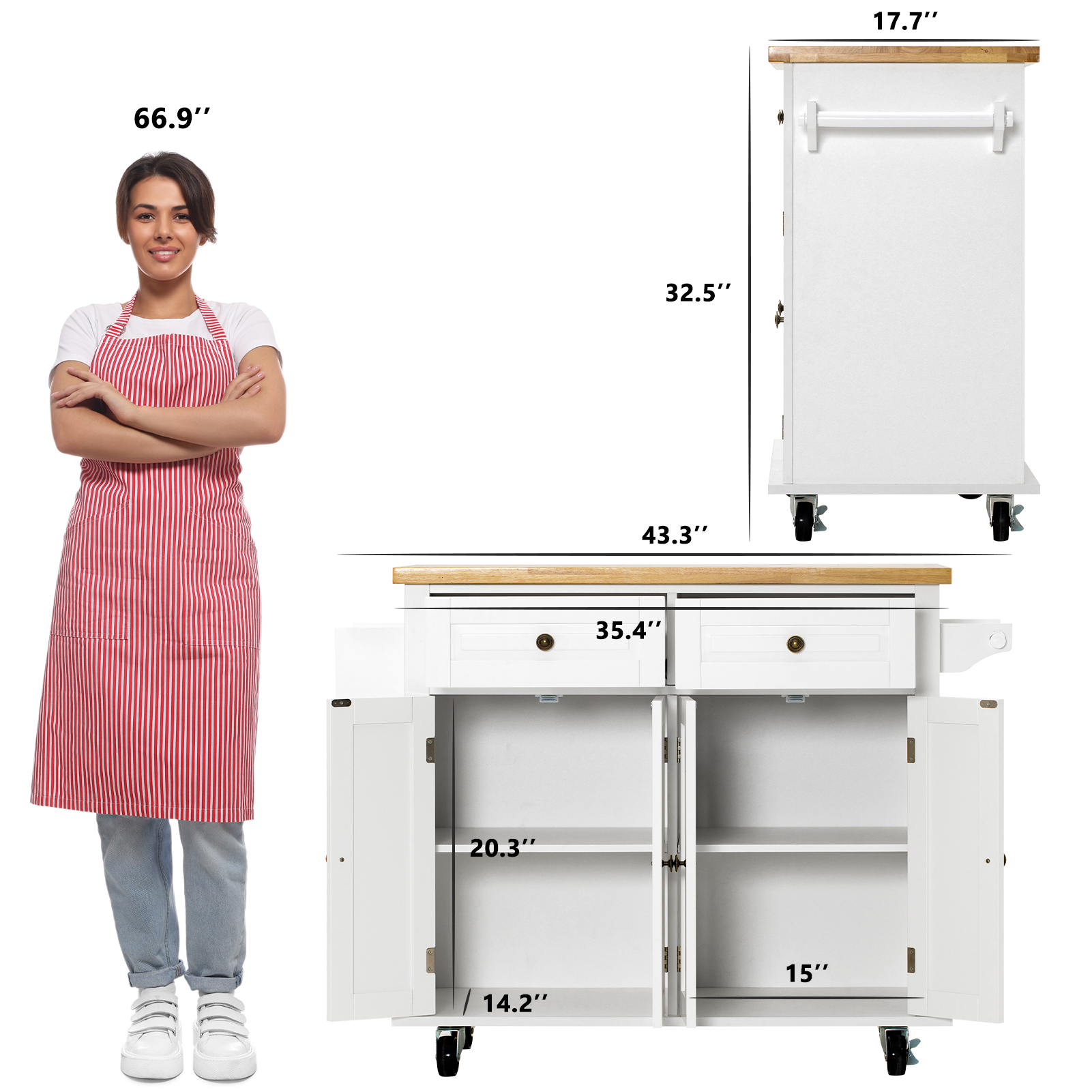 CAIDI Rolling Kitchen Island, Kitchen Cart with Rubber wood Countertop, Lockable Casters, Adjustable Shelves, Matte