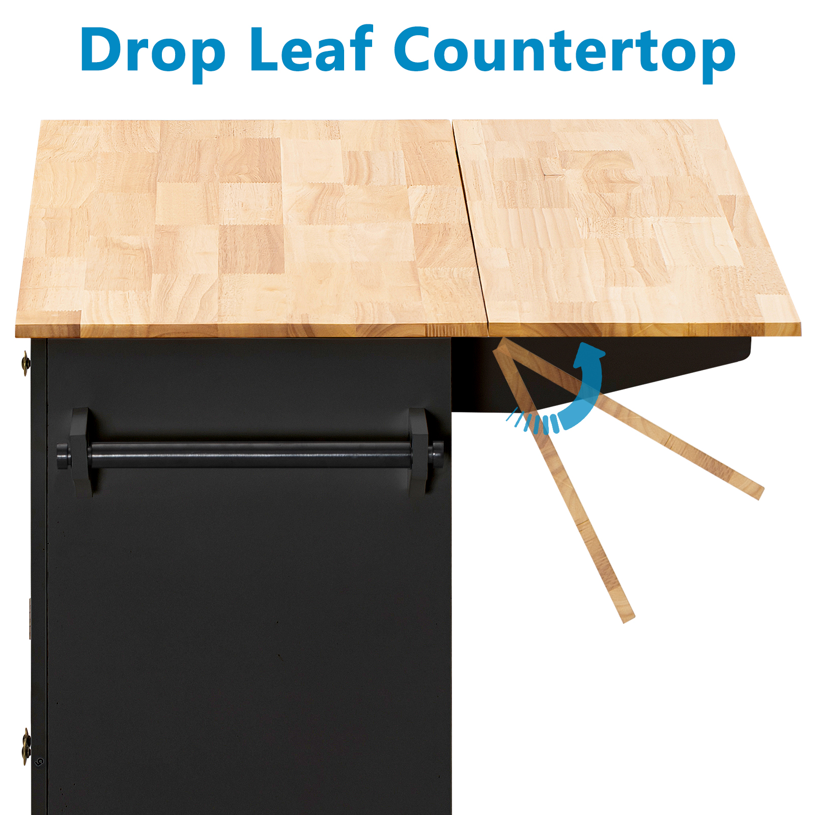 CAIDI Rolling Kitchen Island with Drop Leaf, Kitchen Cart with Rubber wood Countertop, Lockable Casters, Adjustable Shelves, Matte(Black-51.2"x29.5"x35.8")