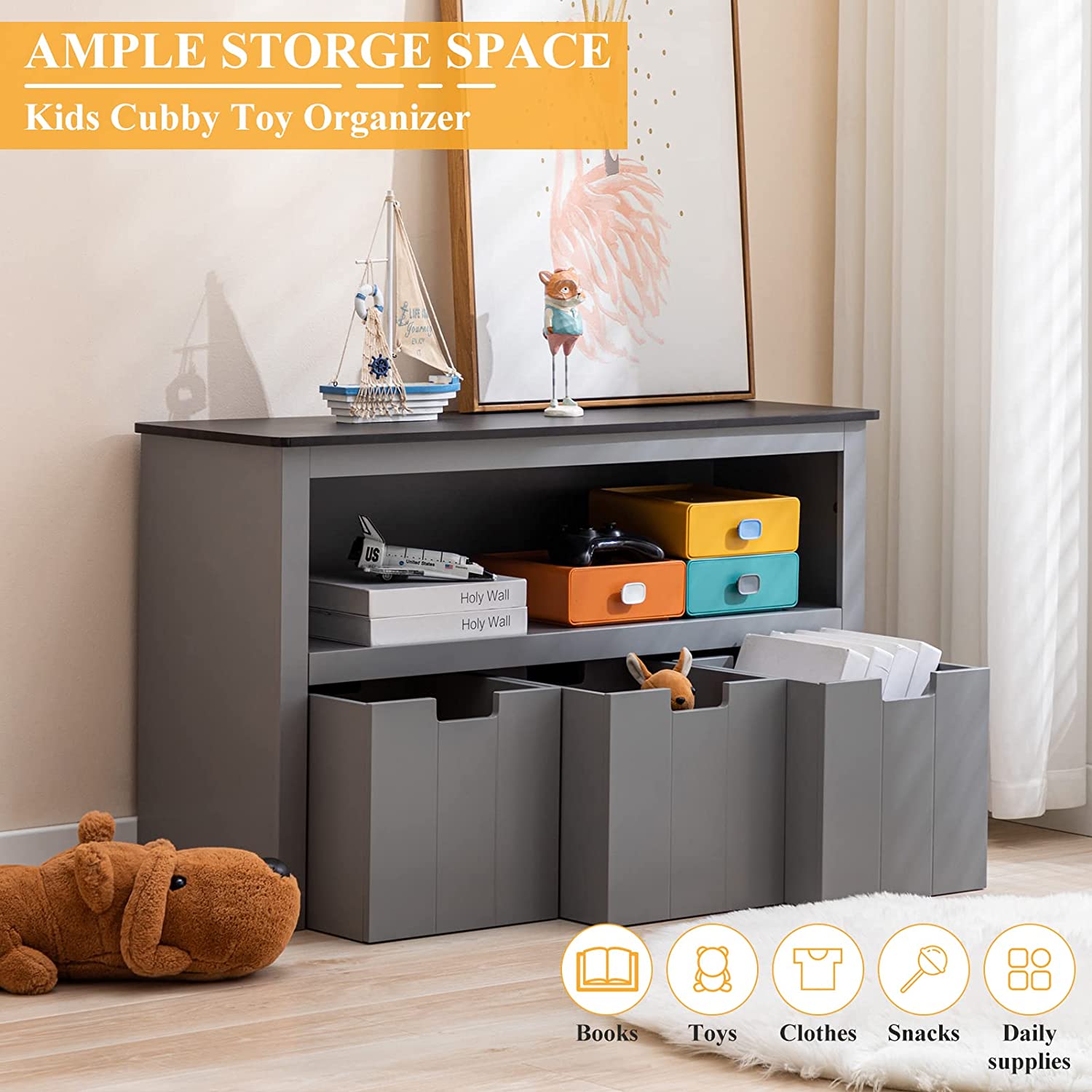 Yaoping Kids Toy Storage Organizer for Kids Room Organizers and Storage, 3 Storage Bins and Open Shelf for Playroom Storage