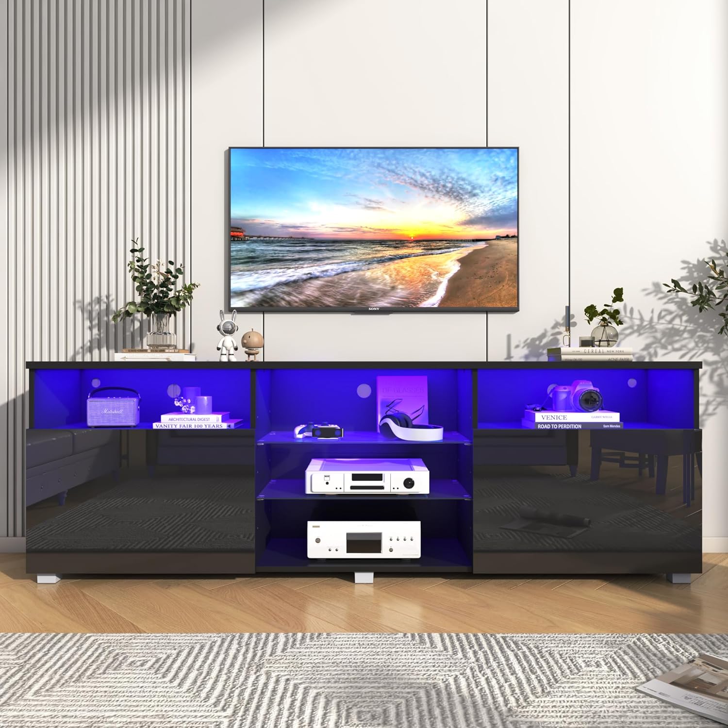 ChVans LED TV Stand for 70/75/80 inch, High Glass Modern Entertainment Center with LED Lights and Glossy Cabinets