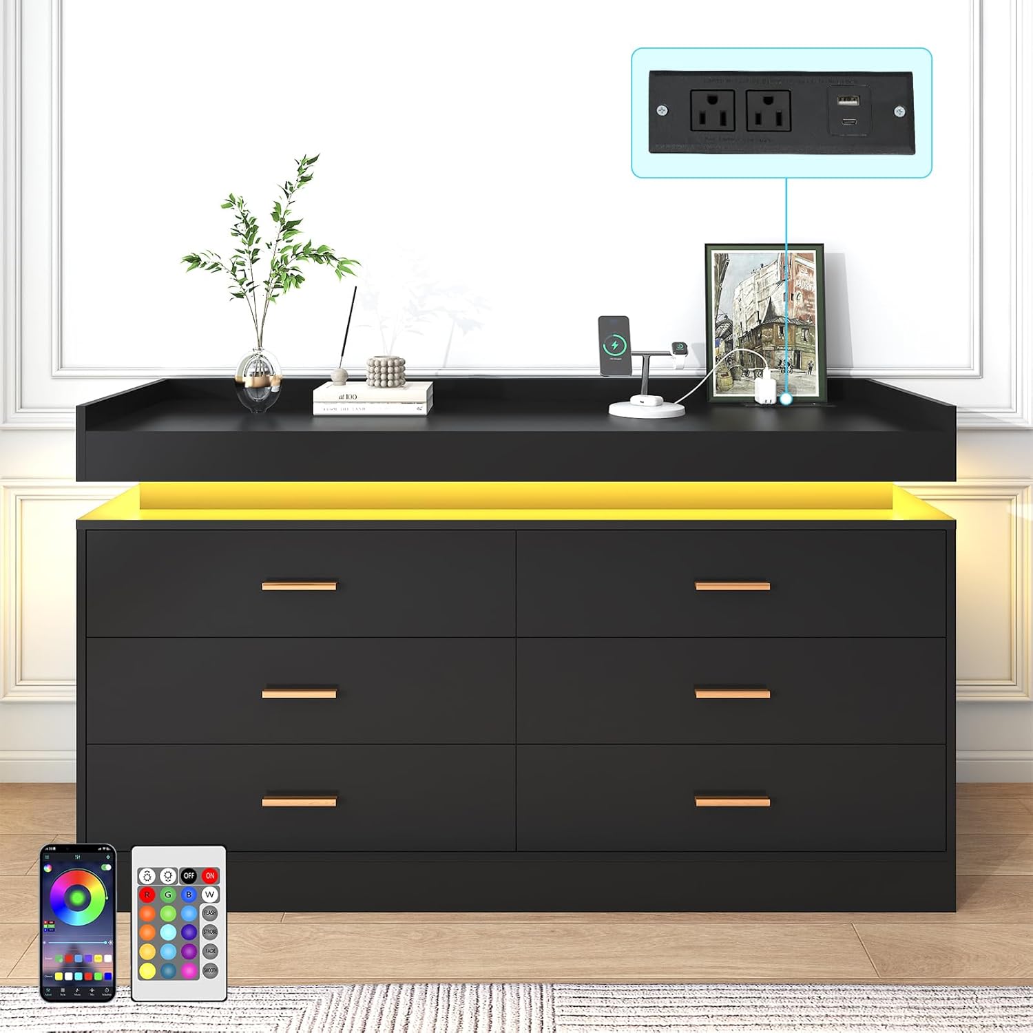 ANPOO 6 Drawer Dresser with Charging Station and LED Lights, Modern Wood Dresser with Wide Drawers and Metal Handles for Bedroom, Living Room
