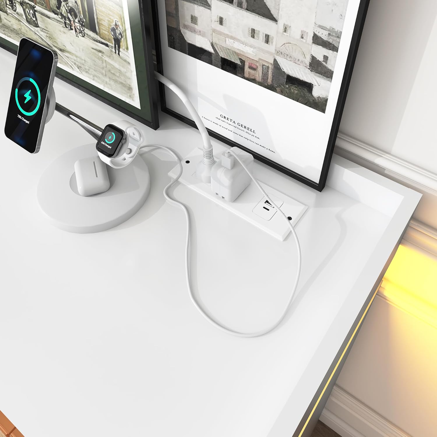 ANPOO 6 Drawer Dresser with Charging Station and LED Lights, Modern Wood Dresser with Wide Drawers and Metal Handles for Bedroom, Living Room