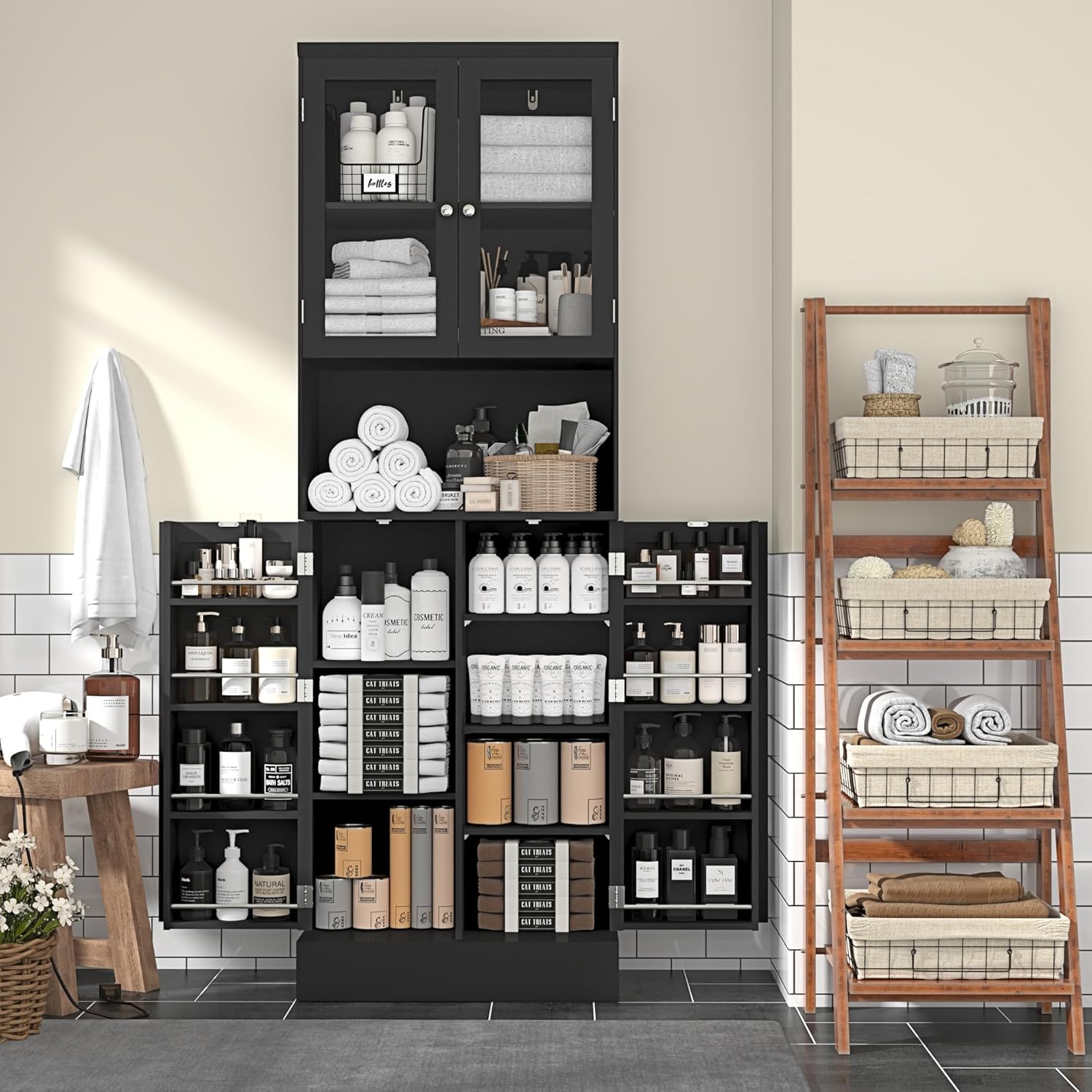 ChVans 71" Tall Pantry Cabinet, Storage Cabinet with Glass Doors and Microwave Stand, Freestanding Kitchen Hutch Food Pantry Cabinet with Adjustable Shelves for Kitchen Dining, Living Room