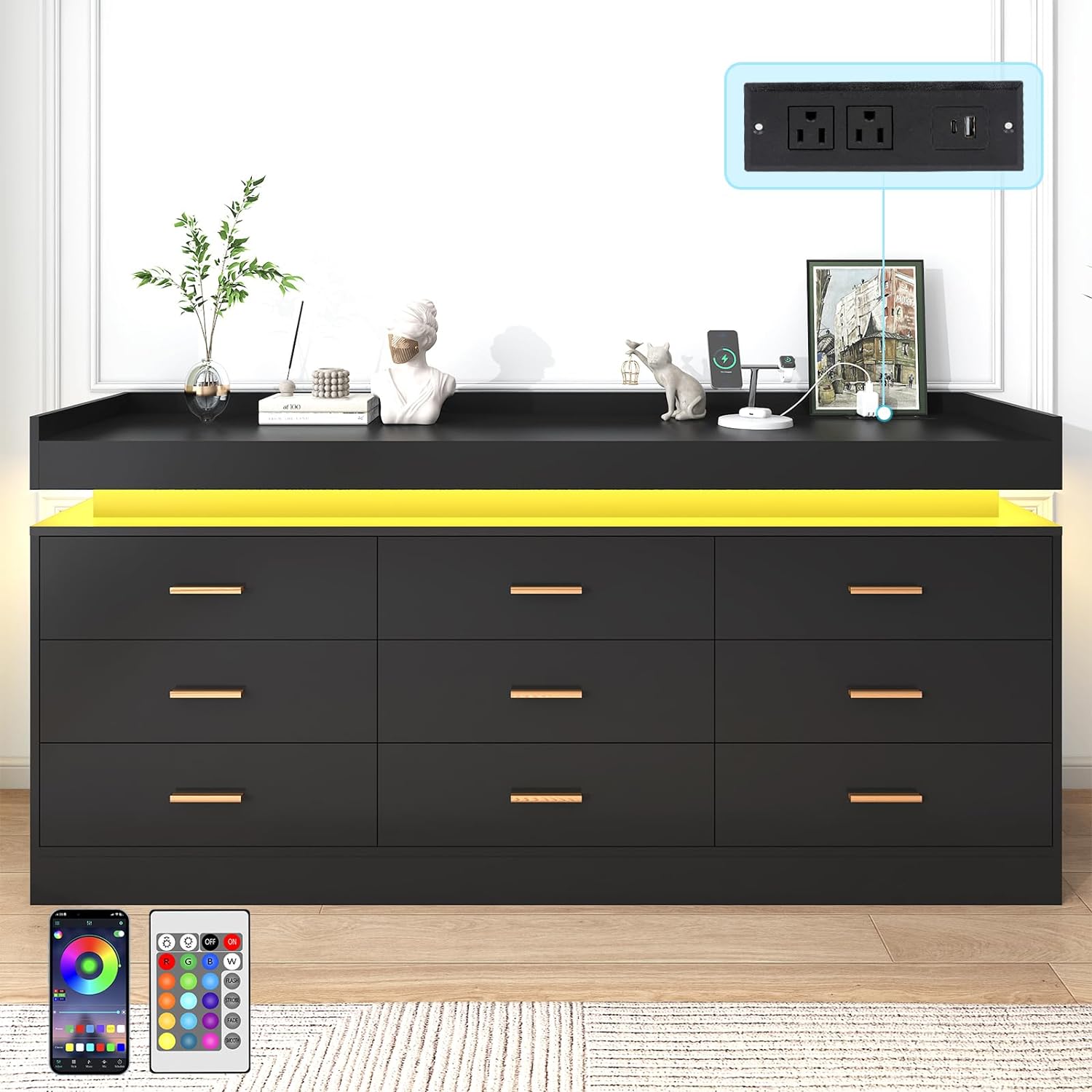 ANPOO 9 Drawer Dresser with LED Lights and Charging Station, Modern Double Wide Chest of Drawers with Power Outlet for Bedroom, Living Room
