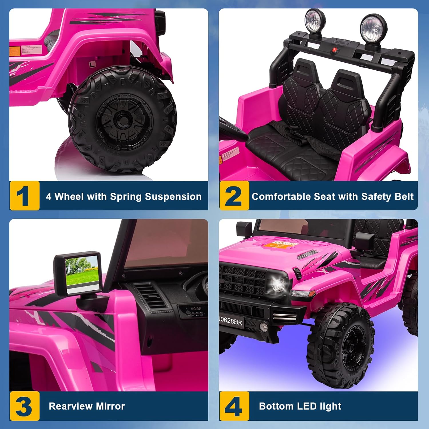 24 Volt Kids Electric Car Kids Ride On Car with Remote Control, 2-Seater Battery Powered Toy Car with LED Lights, Wheels Suspension, Music, Horn, 110 lbs Load