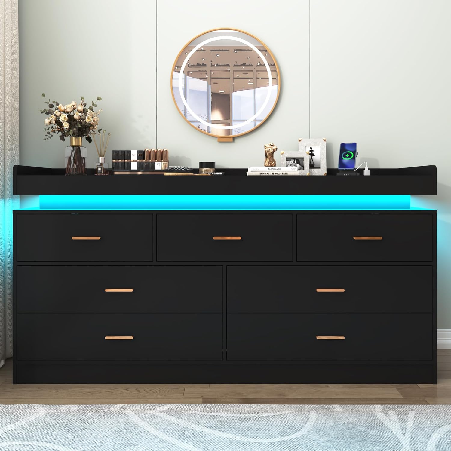 ChVans White Dresser with LED Light and Charging Station, Modern Wood Dresser with Wide Drawers and Metal Handles, 7 drawer dresser for Bedroom, Living Room, Entryway, Hallway