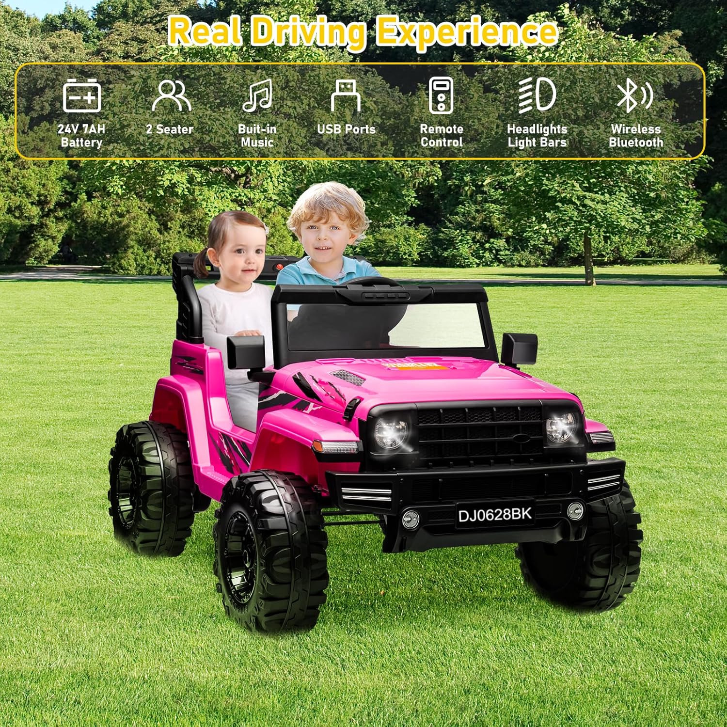 24V Kids Electric Ride on Car, 2-Seat Battery Powered Toy with LED Lights and Remote Control, Battery Powered Wheels Truck with USB Ports, MP3 Player, for Boys, Girls