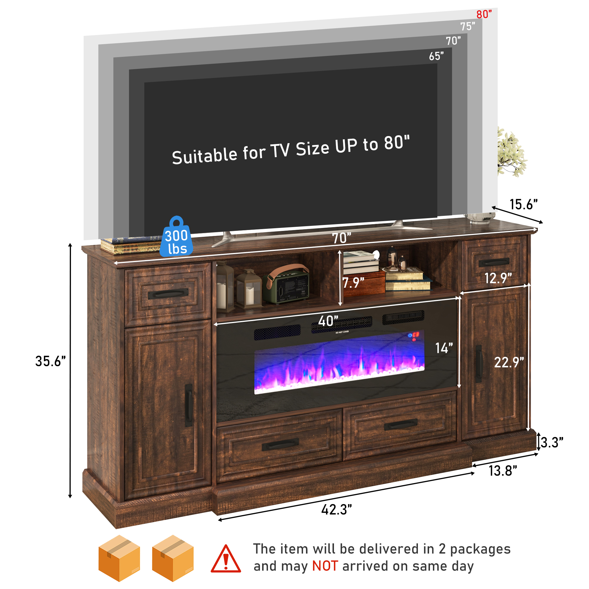 ChVans Farmhouse Fireplace TV Stand for 80" TV, Entertainment Center with 40'' Electric Fireplace & LED Lights, Modern Media Console with Storage Drawers & Cabinets & Power Outlets, Antique Brown