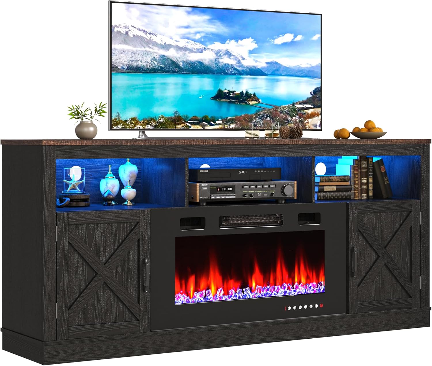 Fireplace TV Stand for 70/75/80 Inch TV with 36" Electric Fireplace, 70" Farmhouse Entertainment Center with LED Lights, Tall Media Console with Barn Door for Living Room, Bedroom