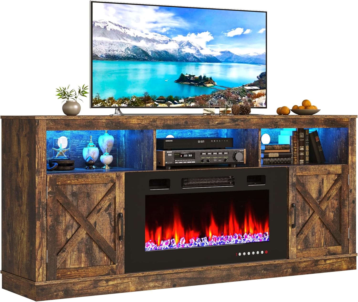 Fireplace TV Stand for 70/75/80 Inch TV with 36" Electric Fireplace, 70" Farmhouse Entertainment Center with LED Lights, Tall Media Console with Barn Door for Living Room, Bedroom