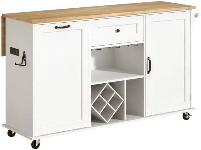 ChVans 59" Kitchen Island On Wheels, Rolling Kitchen Island Cart with Drop Leaf Countertop, Portable Mobile Kitchen Island with Towel Rack, Spice Rack Shelf and Lockable Wheels