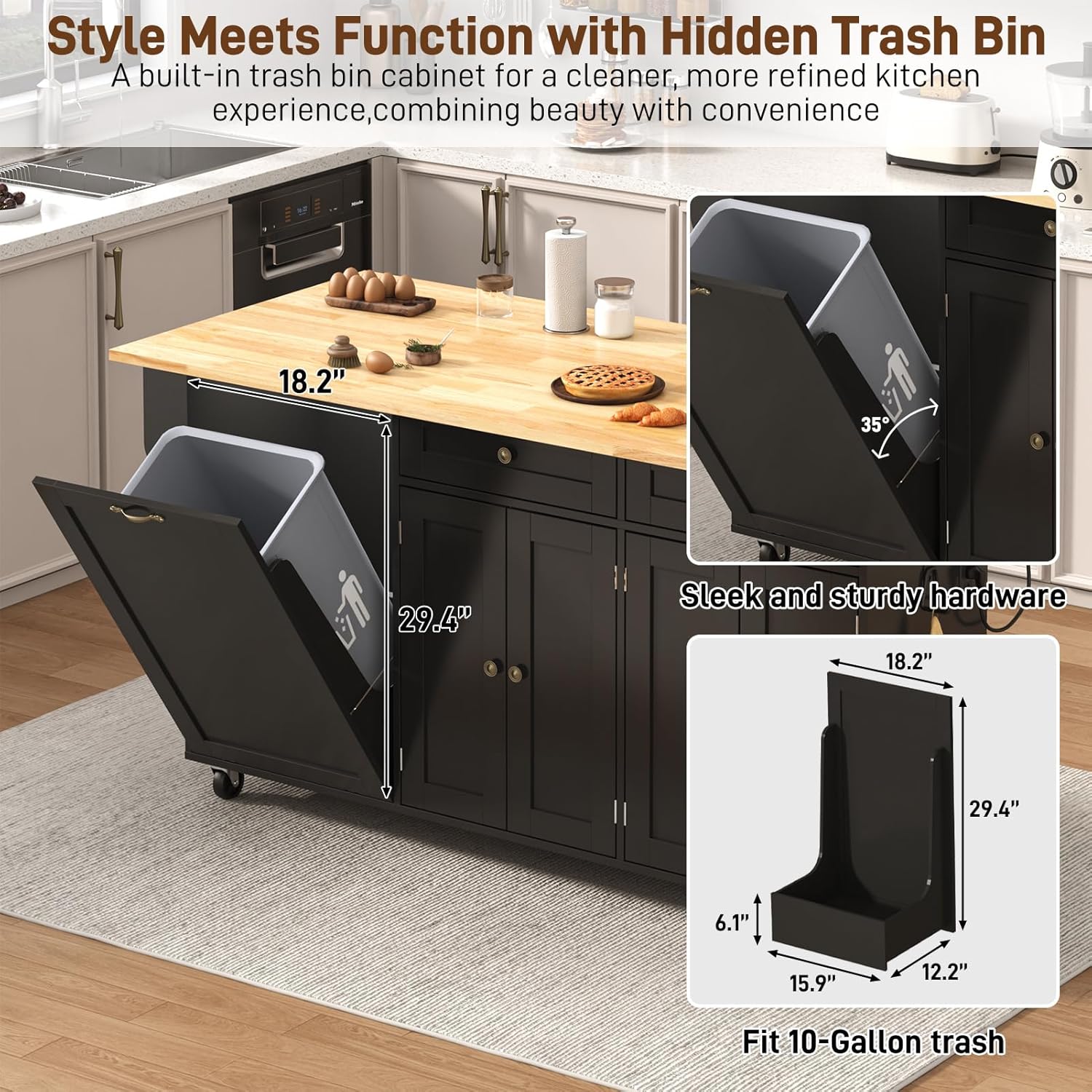 ANPOO 67" Rolling Kitchen Island with Drop Leaf, Tilt Out Kitchen Trash Cabinet 10 Gallon Storage, Kitchen Cart Island with Rubber wood Top, Spice Rack and Drawers