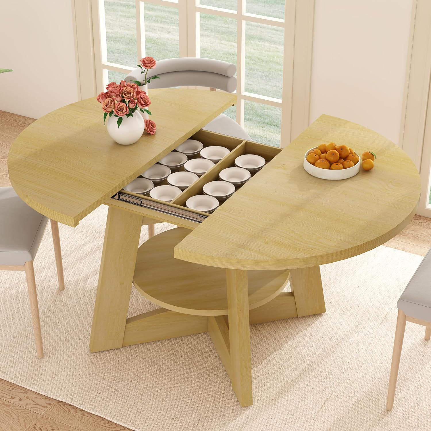 ChVans 47"-63" Extendable Round Dining Table for 4-8 Person, Modern Large Dinner Kitchen Table for Kitchen Dining Room, Save Space